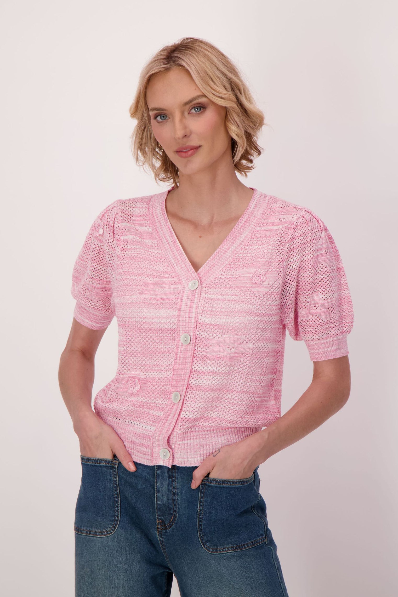 Flower Applique Short Sleeve Cardigan