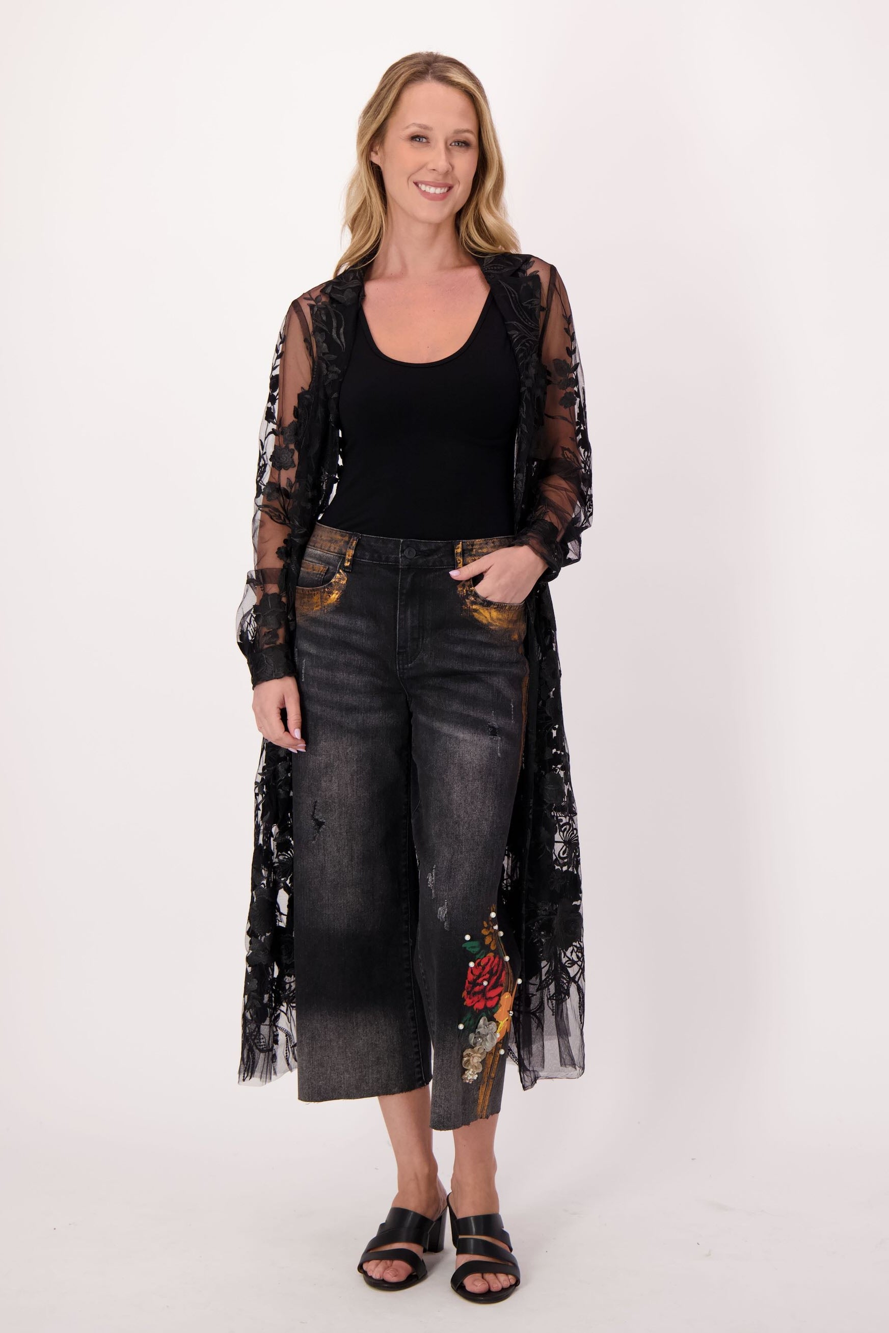 Floral Applique Wide Leg Crop Jean