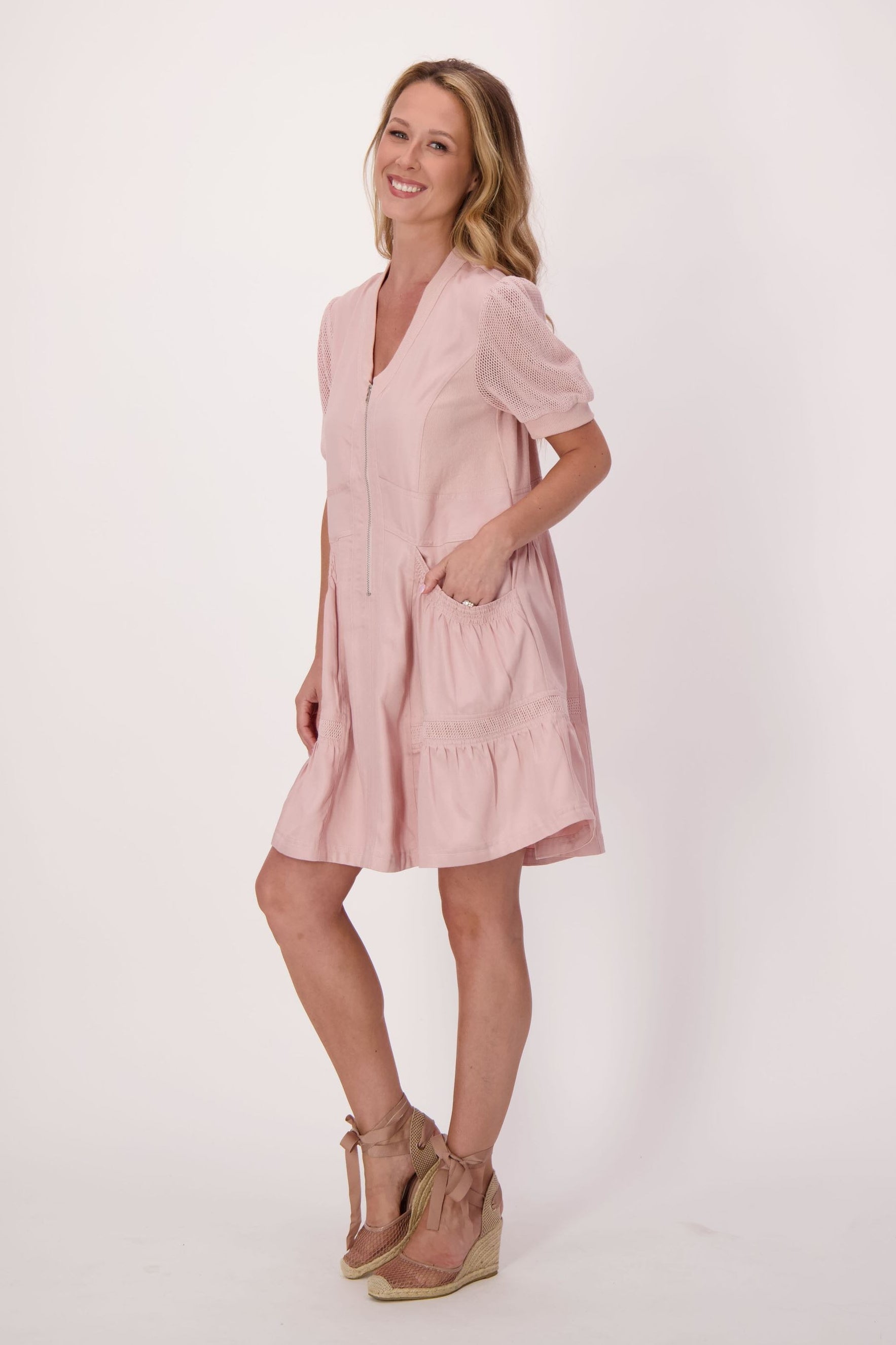 Tiered Mesh Insert Short Sleeve Dress