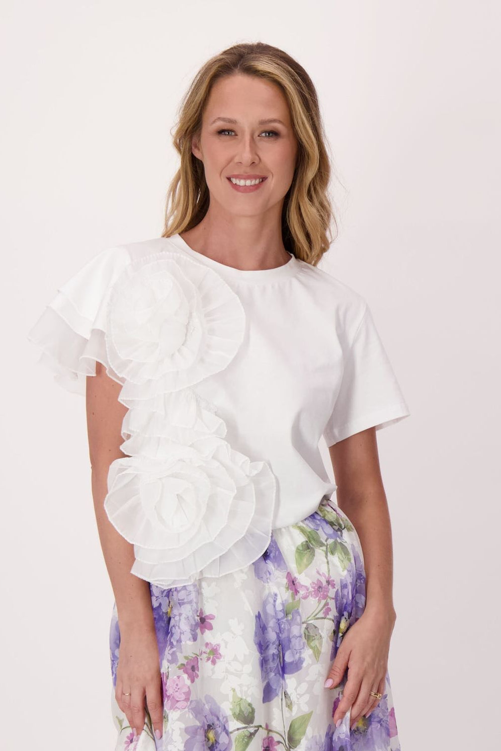 Asymmetrical Chiffon Floral Cotton T-Shirt