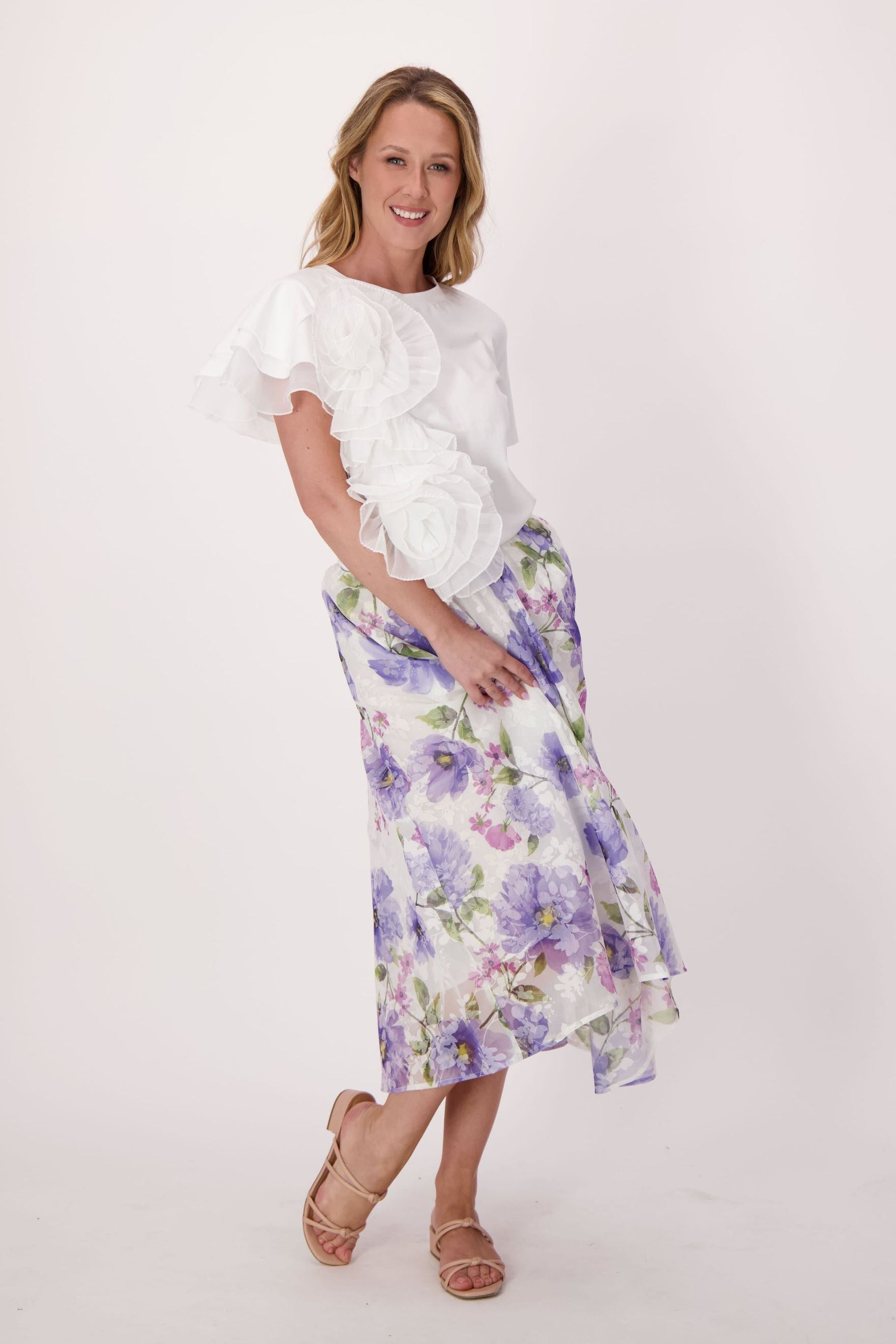 Asymmetrical Chiffon Floral Cotton T-Shirt