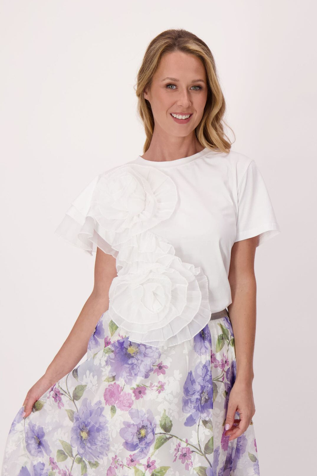 Asymmetrical Chiffon Floral Cotton T-Shirt