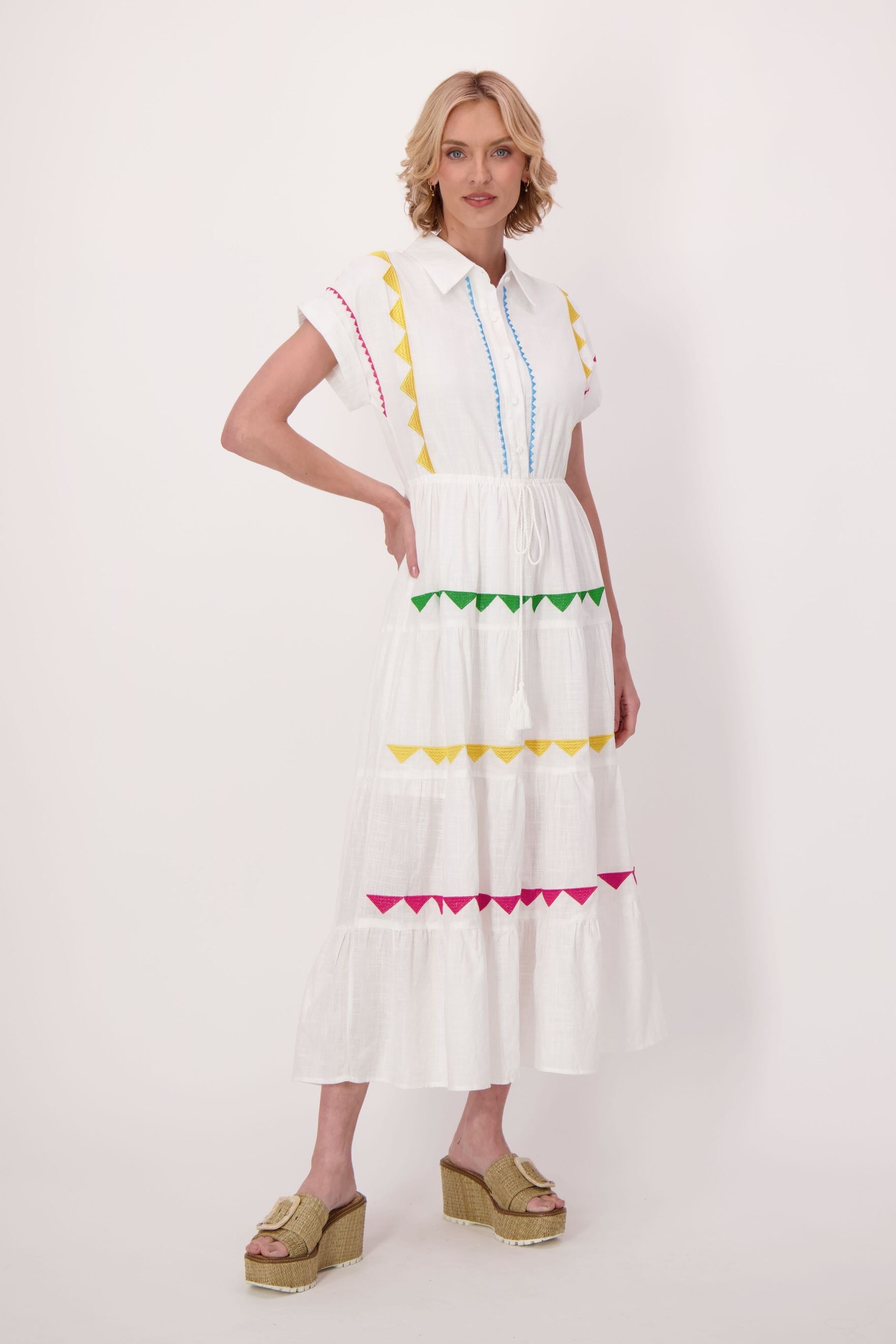 Peasant Cotton Dress With Chevron Embroidery