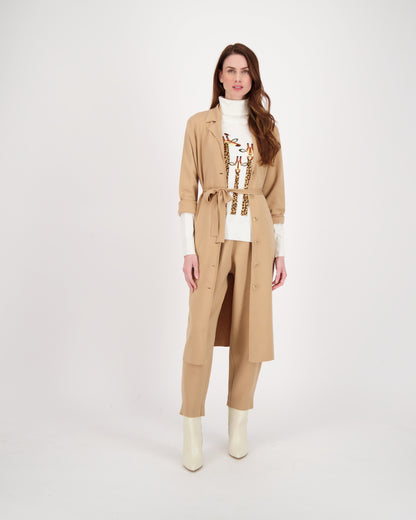 Collared Belted Long Knit Cardigan