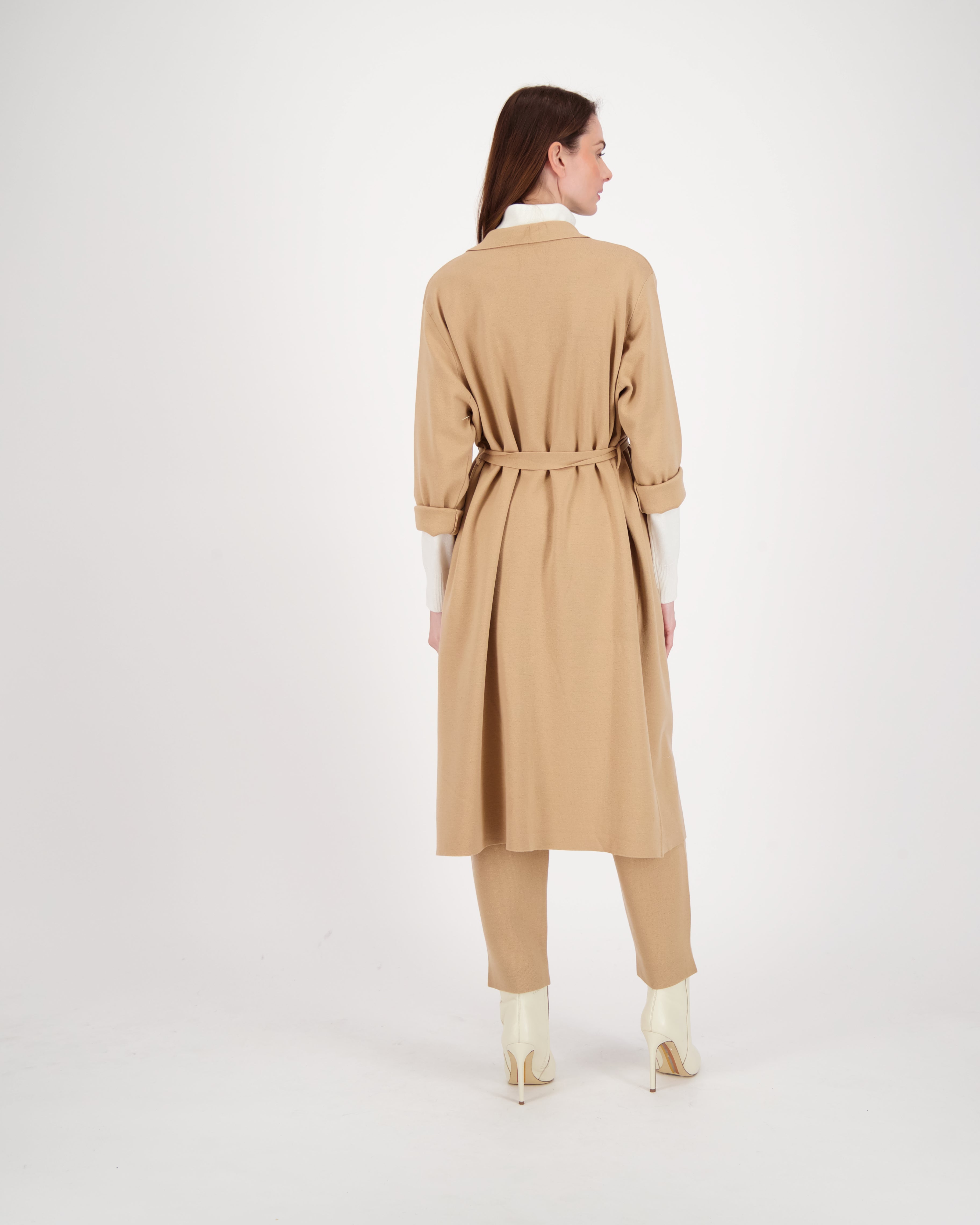 Collared Belted Long Knit Cardigan