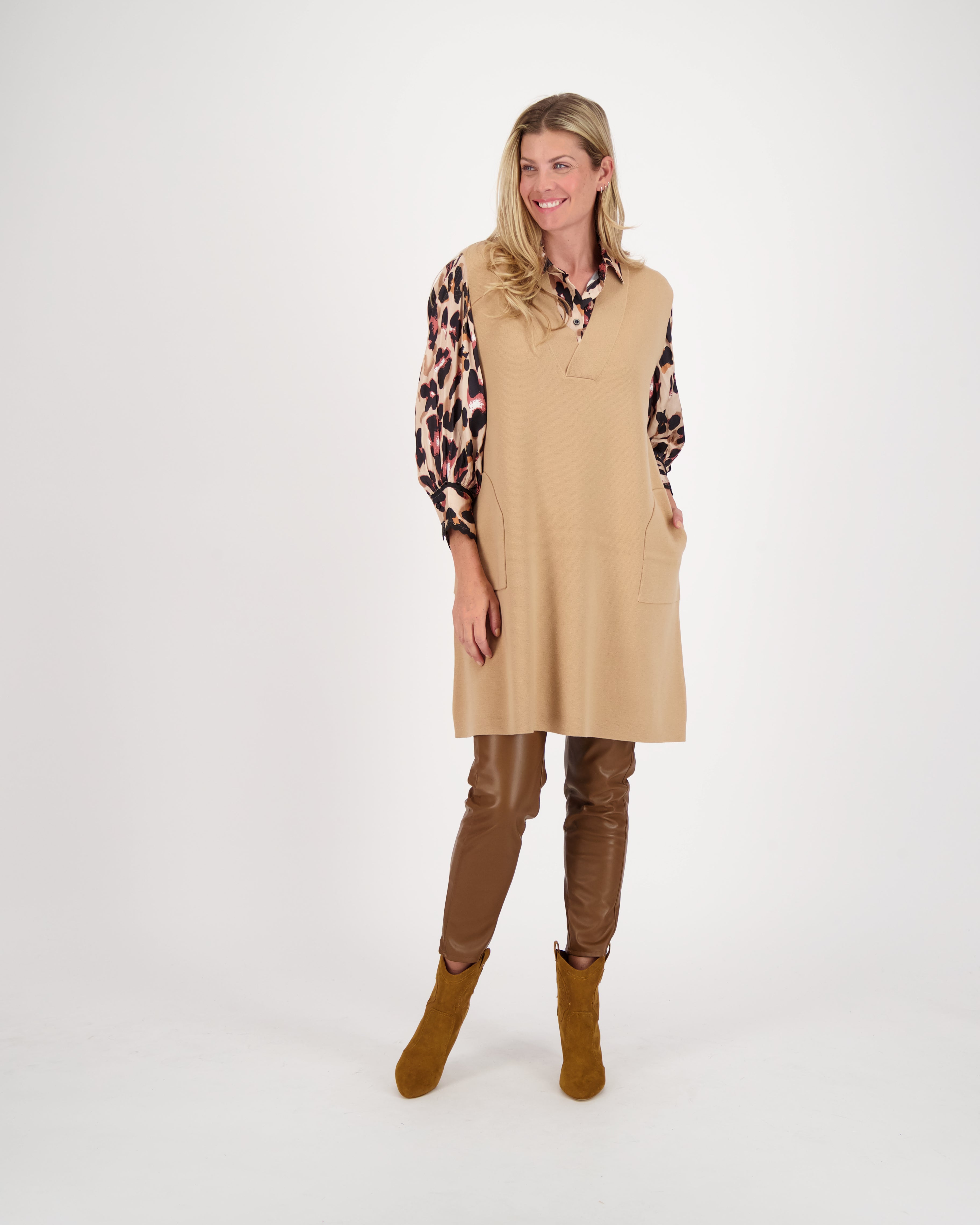 V Neck Pinafore Knit Dress Camel L