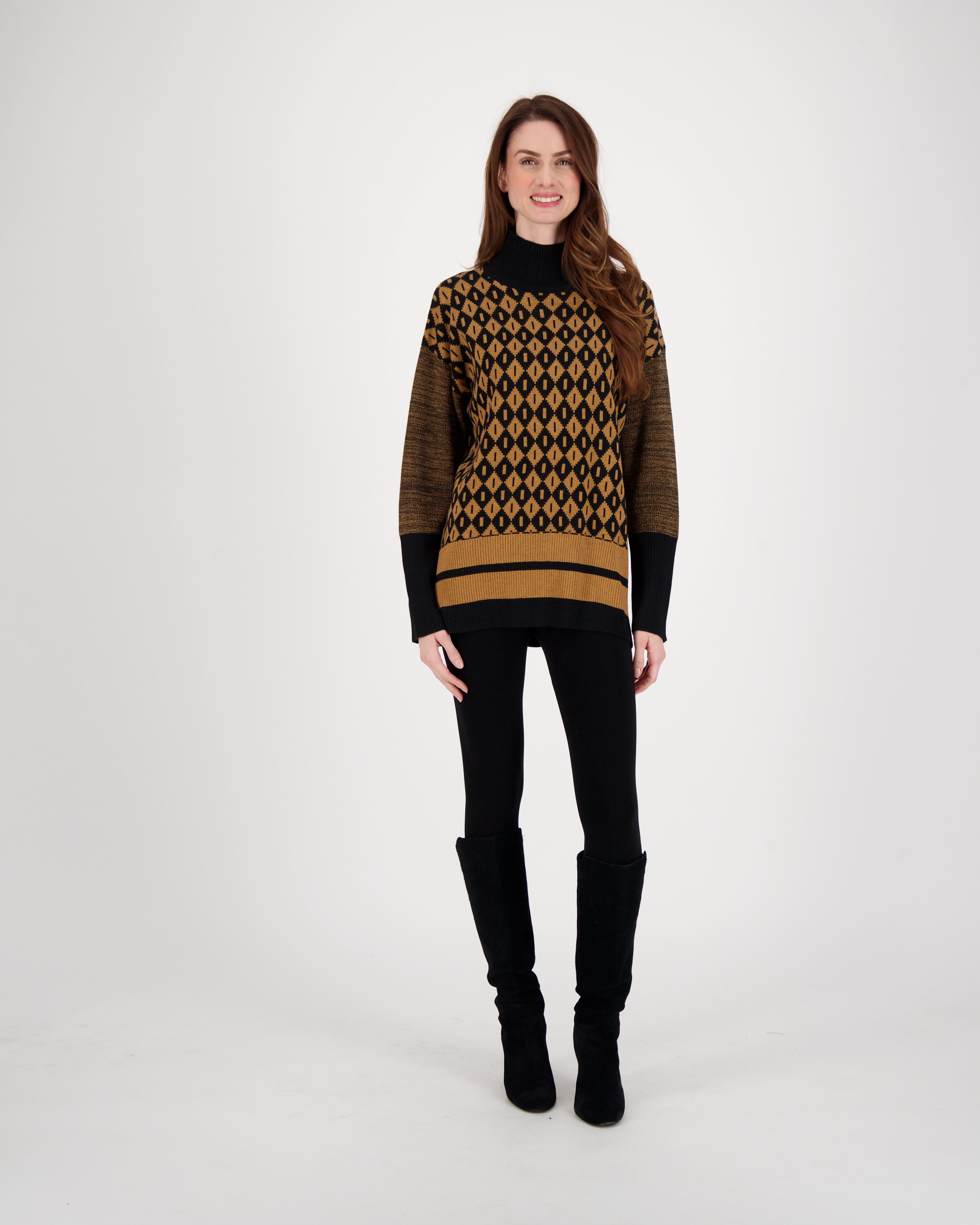 Intarsia Knit Diamond Jacquard Turtle Neck Sweater