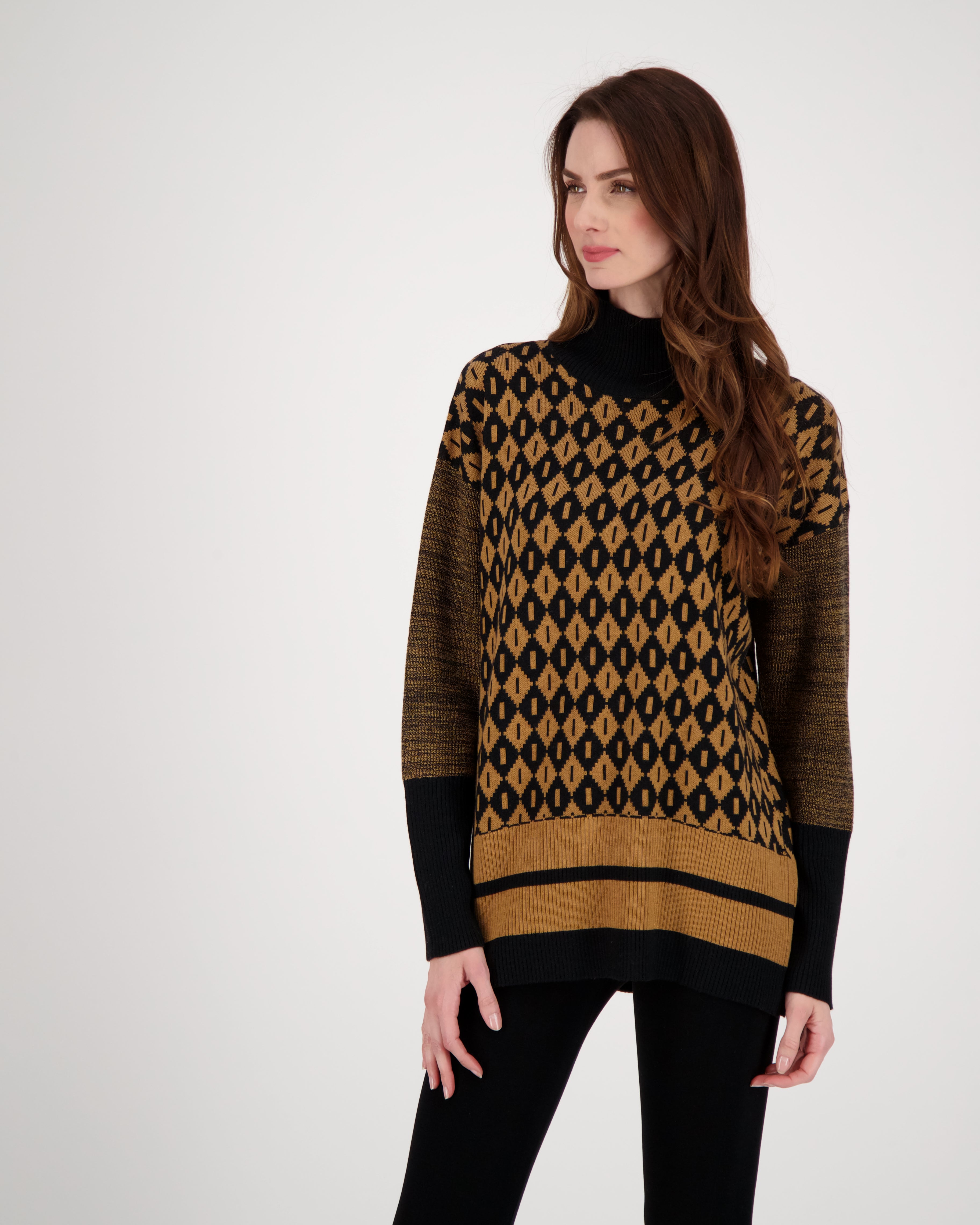 Intarsia Knit Diamond Jacquard Turtle Neck Sweater
