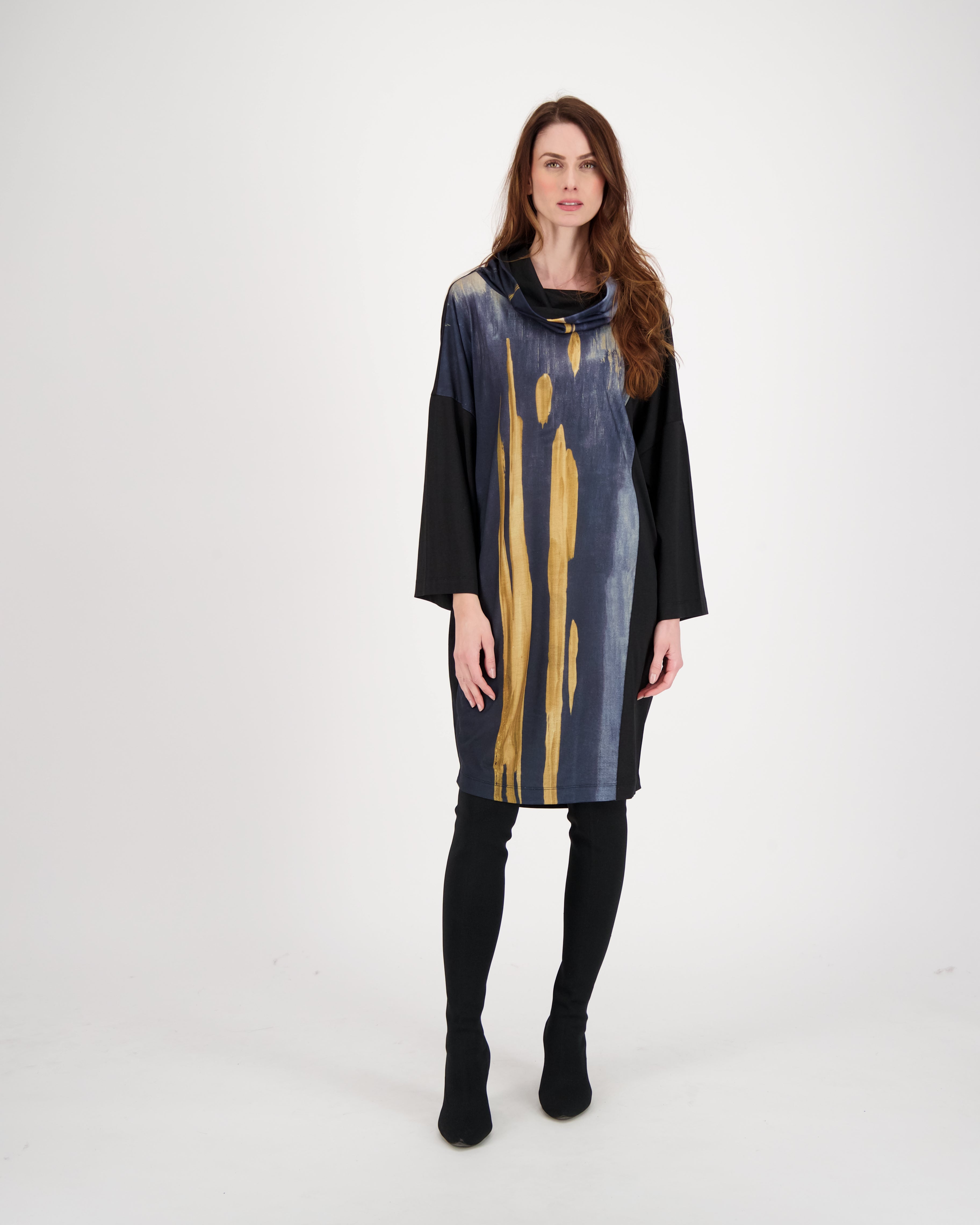 Cowl Neck Gold Print Dress