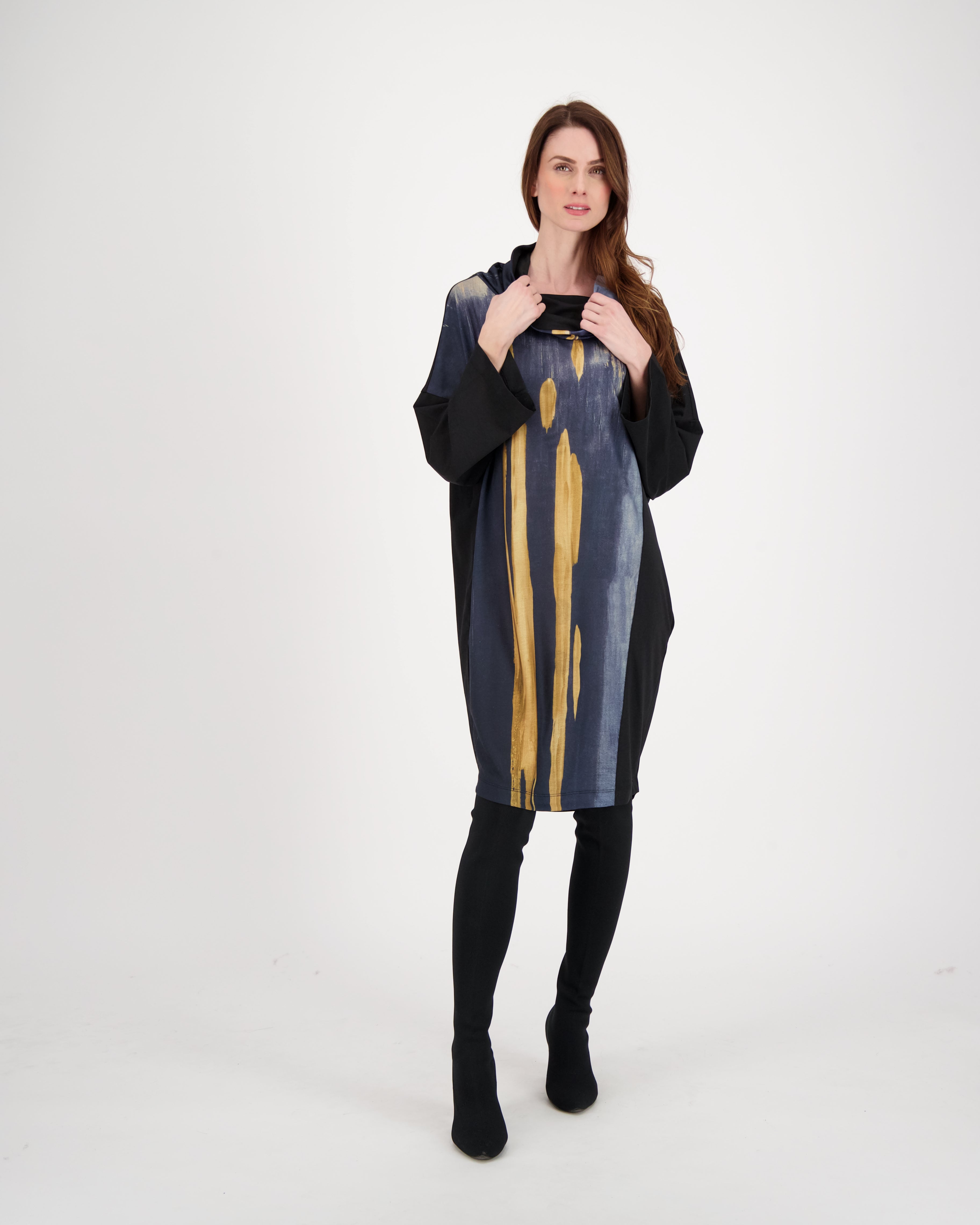 Cowl Neck Gold Print Dress