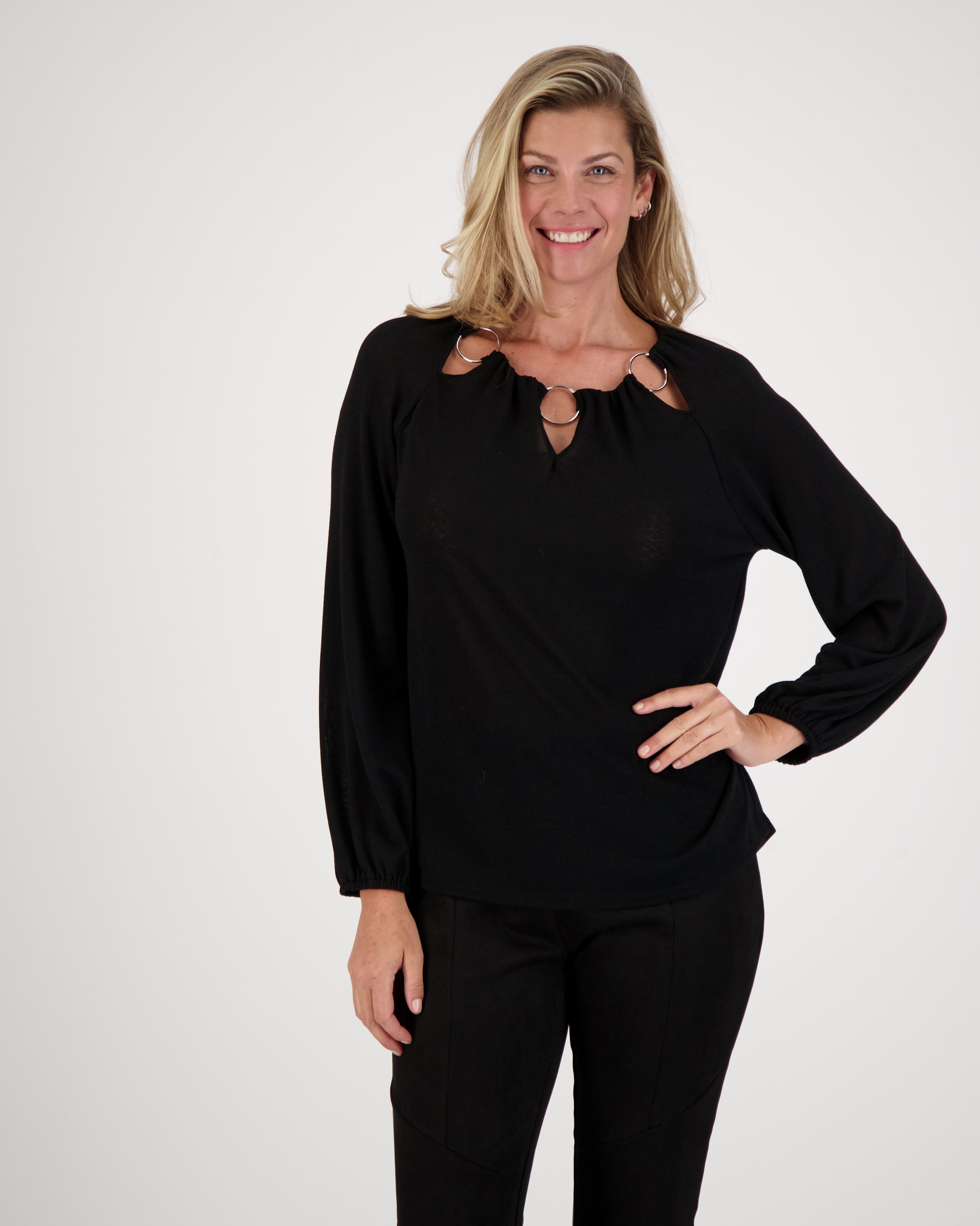 O-Ring Cut Out Neck Long Sleeve Top