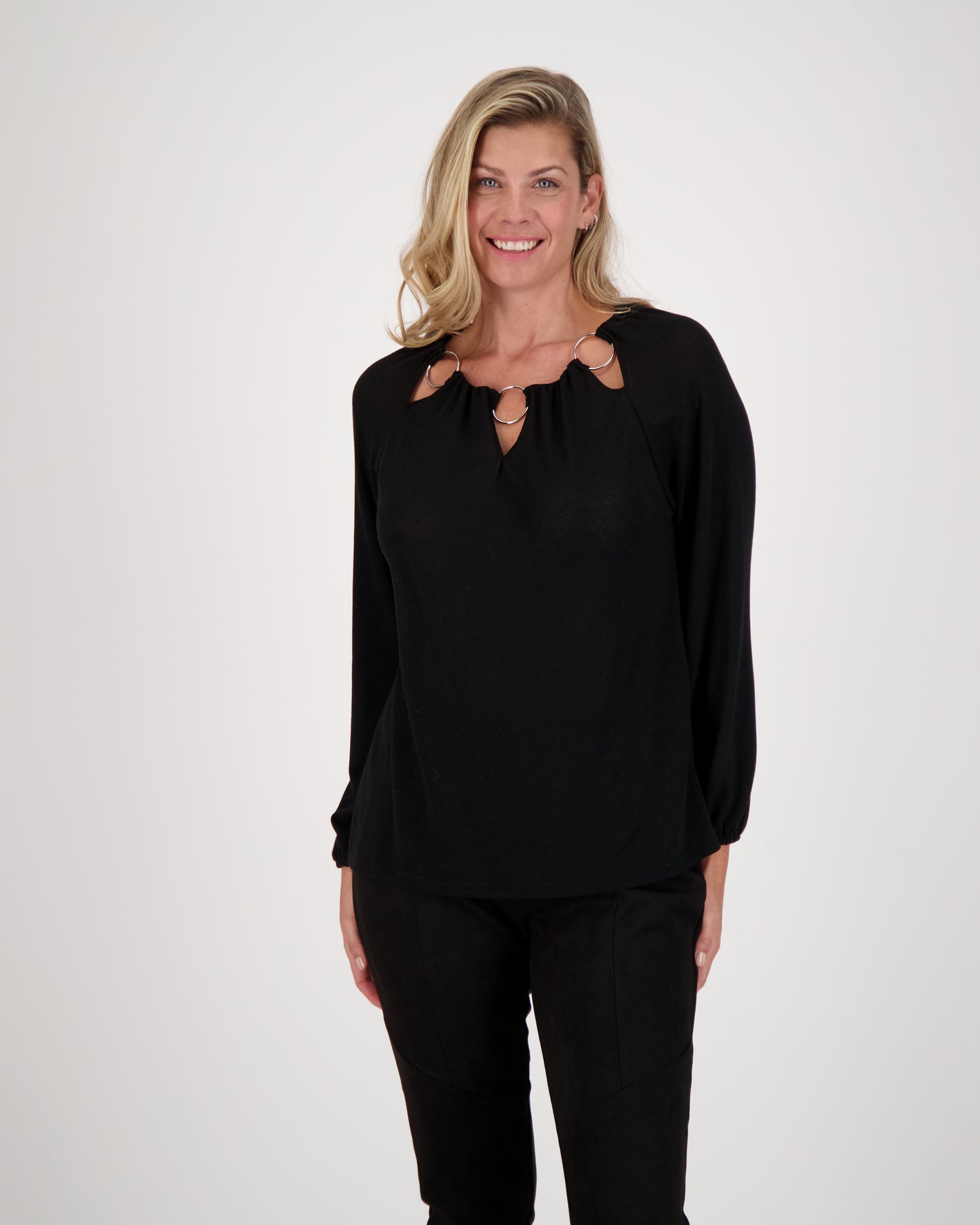 O-Ring Cut Out Neck Long Sleeve Top