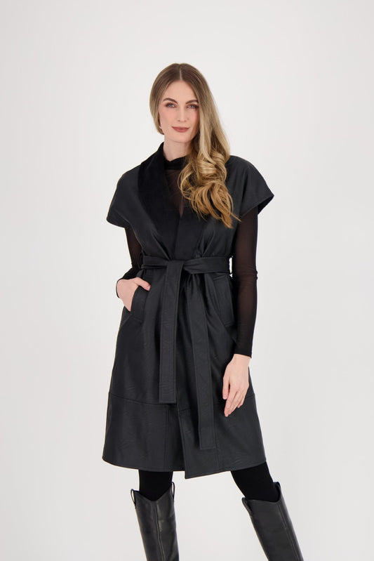 Shawl Collar Faux Leather Wrap Coat