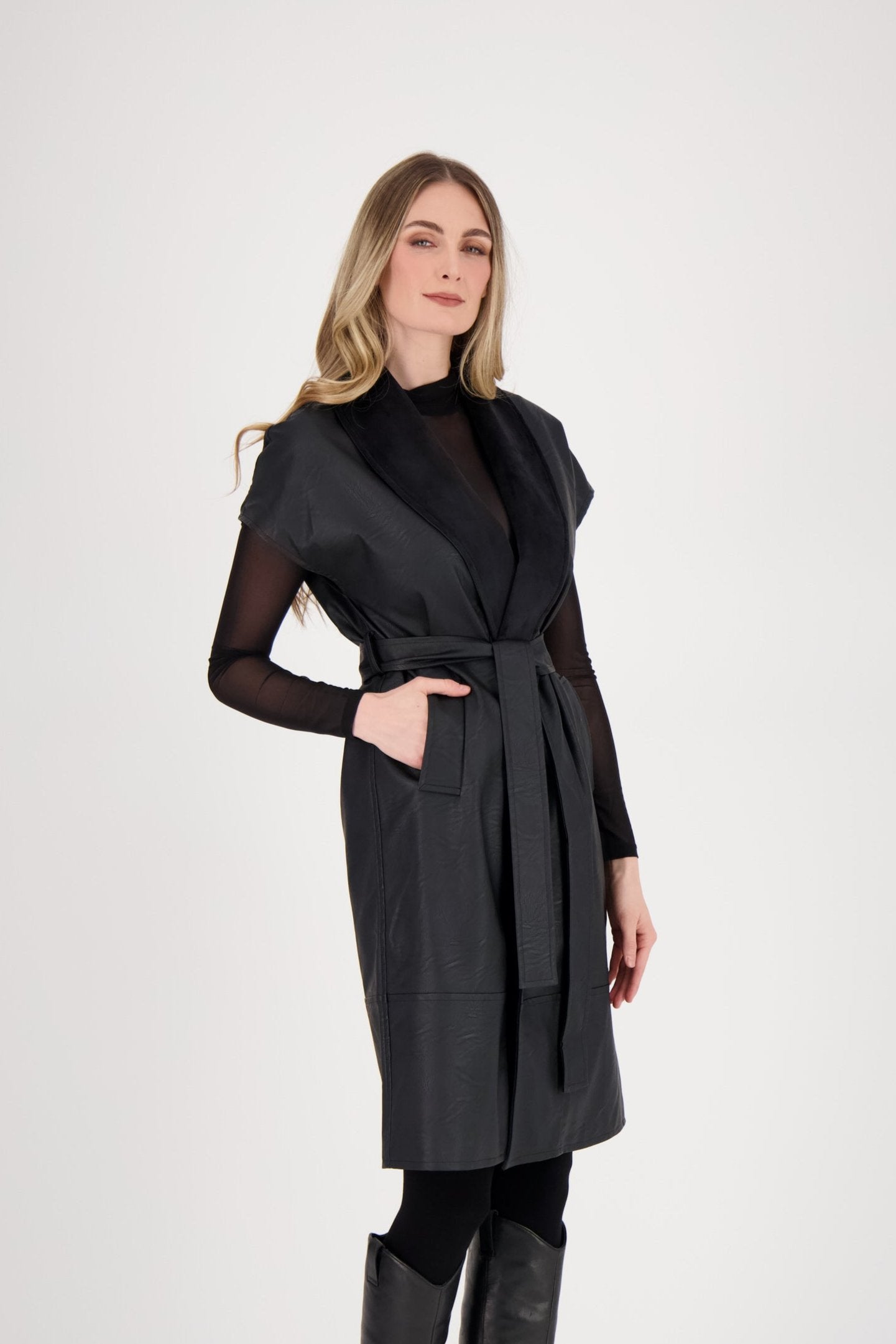 Shawl Collar Faux Leather Wrap Coat