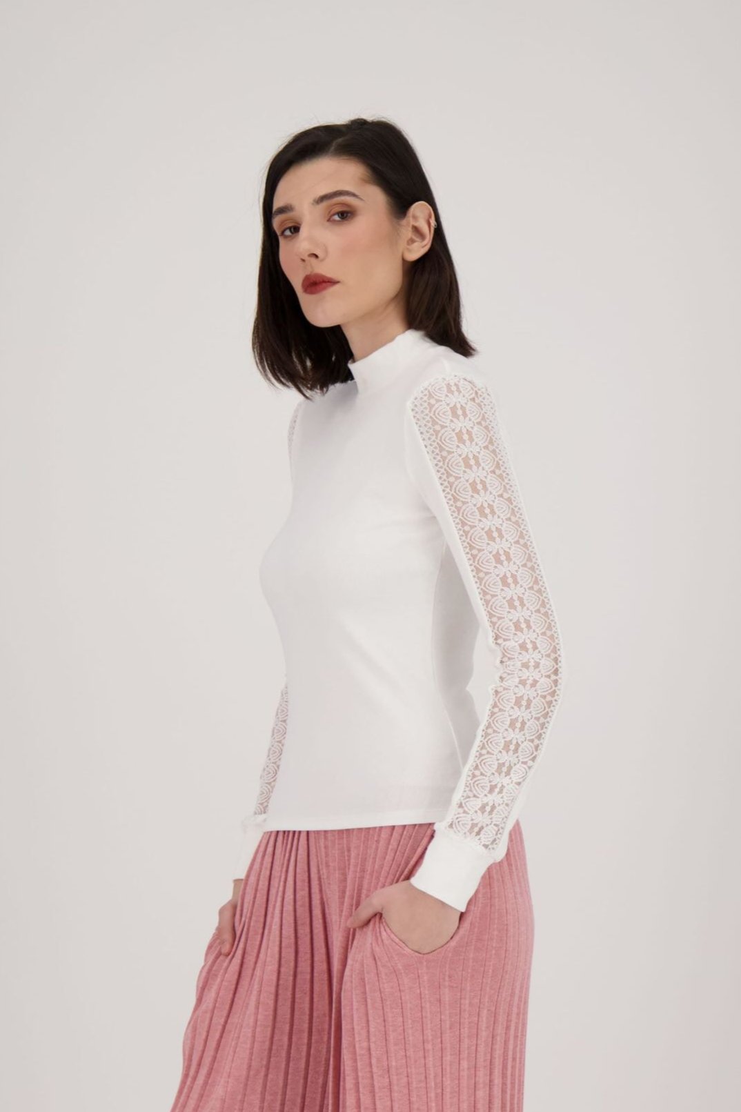 Mock Neck Lace Sleeve Top