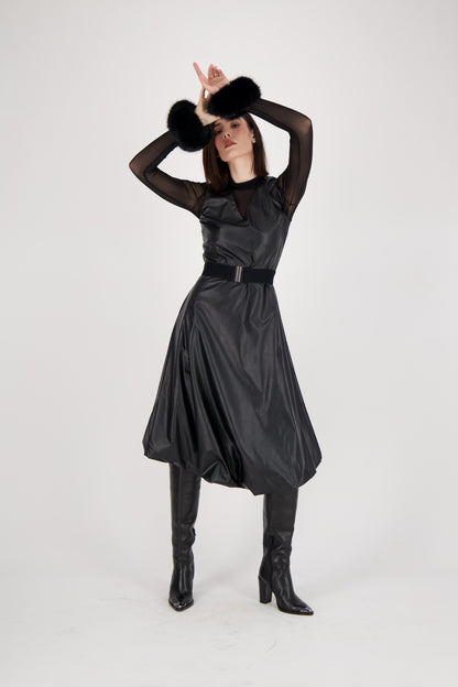 Sleeveless Faux Leather Bubble Hem Dress