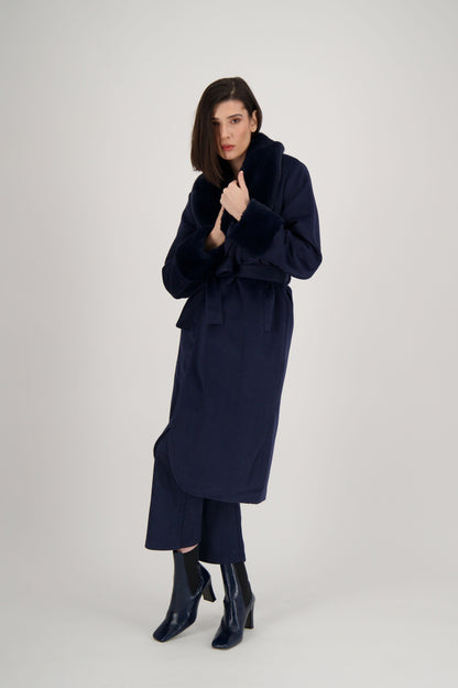 Belted Long Coat With Faux Fur Collar & Cuffs