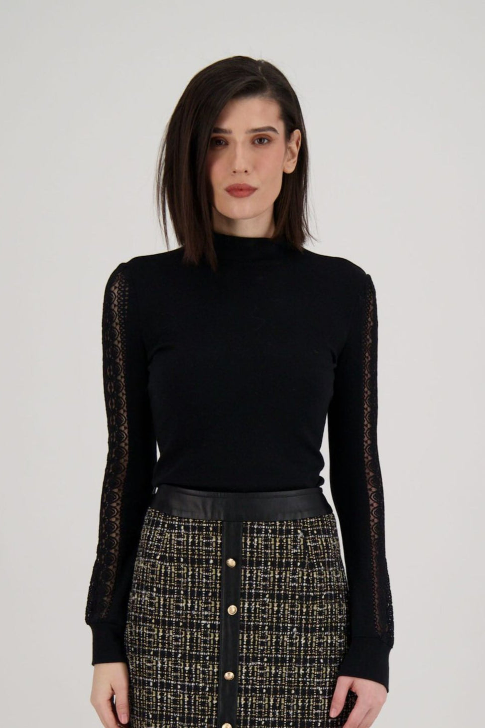 Mock Neck Lace Sleeve Top