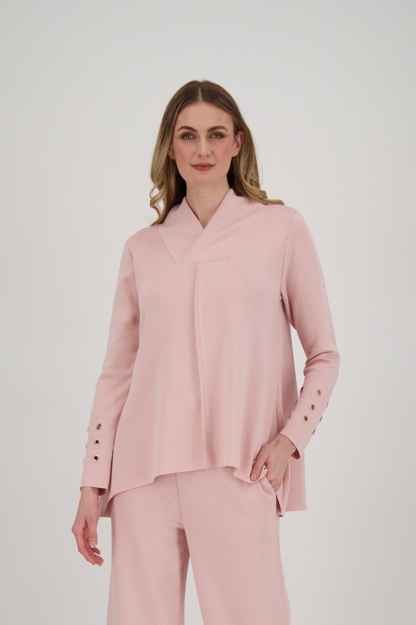 Shawl Collar Top With Grommet Cuffs