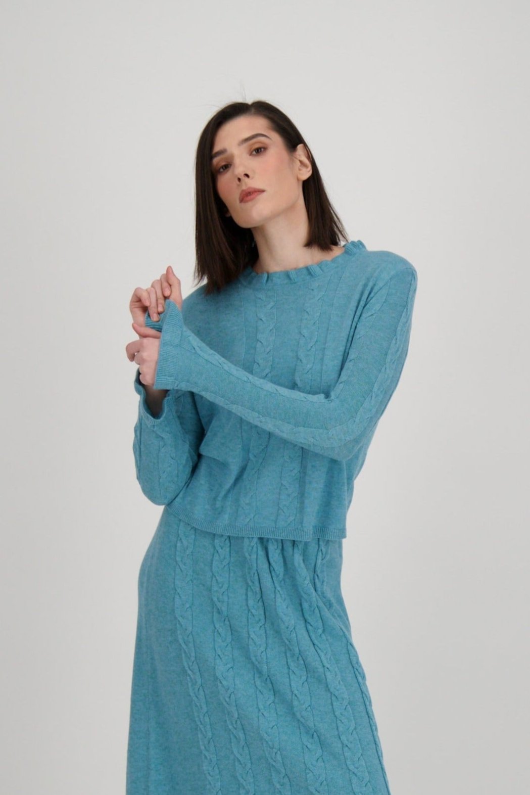 Ruffle Neck Cable Knit Sweater