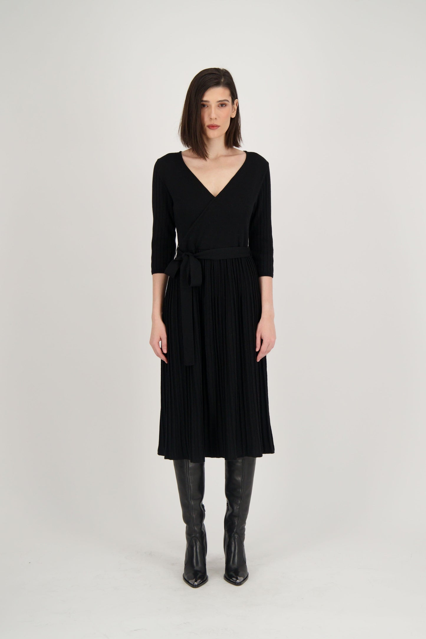 Crossover Neck Pleated Sweater Dress