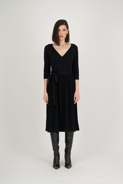 Crossover Neck Pleated Sweater Dress