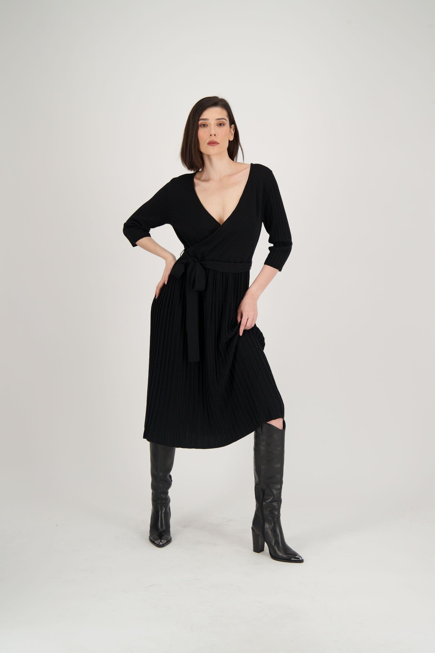 Crossover Neck Pleated Sweater Dress