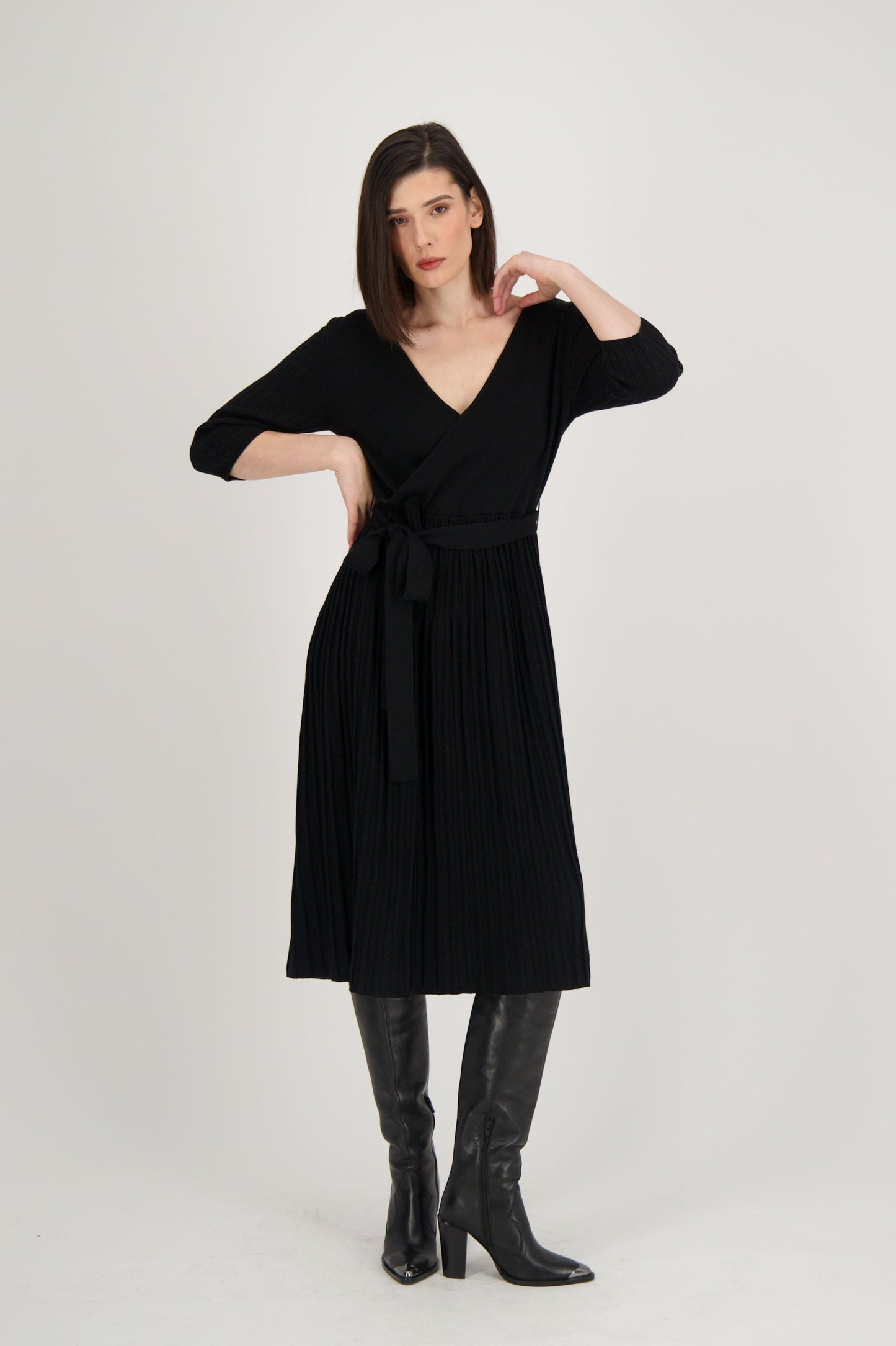 Crossover Neck Pleated Sweater Dress