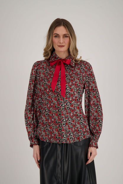 Floral Print Blouse With Neck Tie-Up