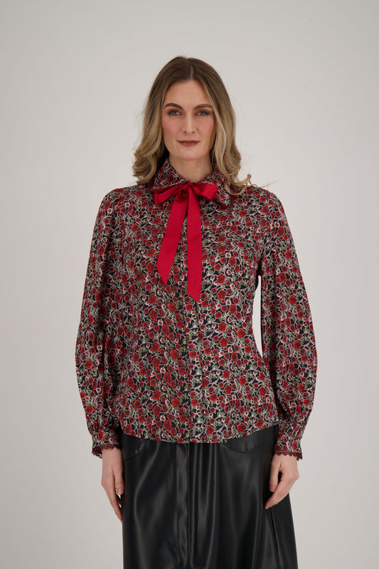 Floral Print Blouse With Neck Tie-Up