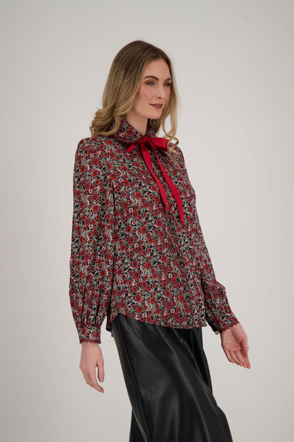 Floral Print Blouse With Neck Tie-Up