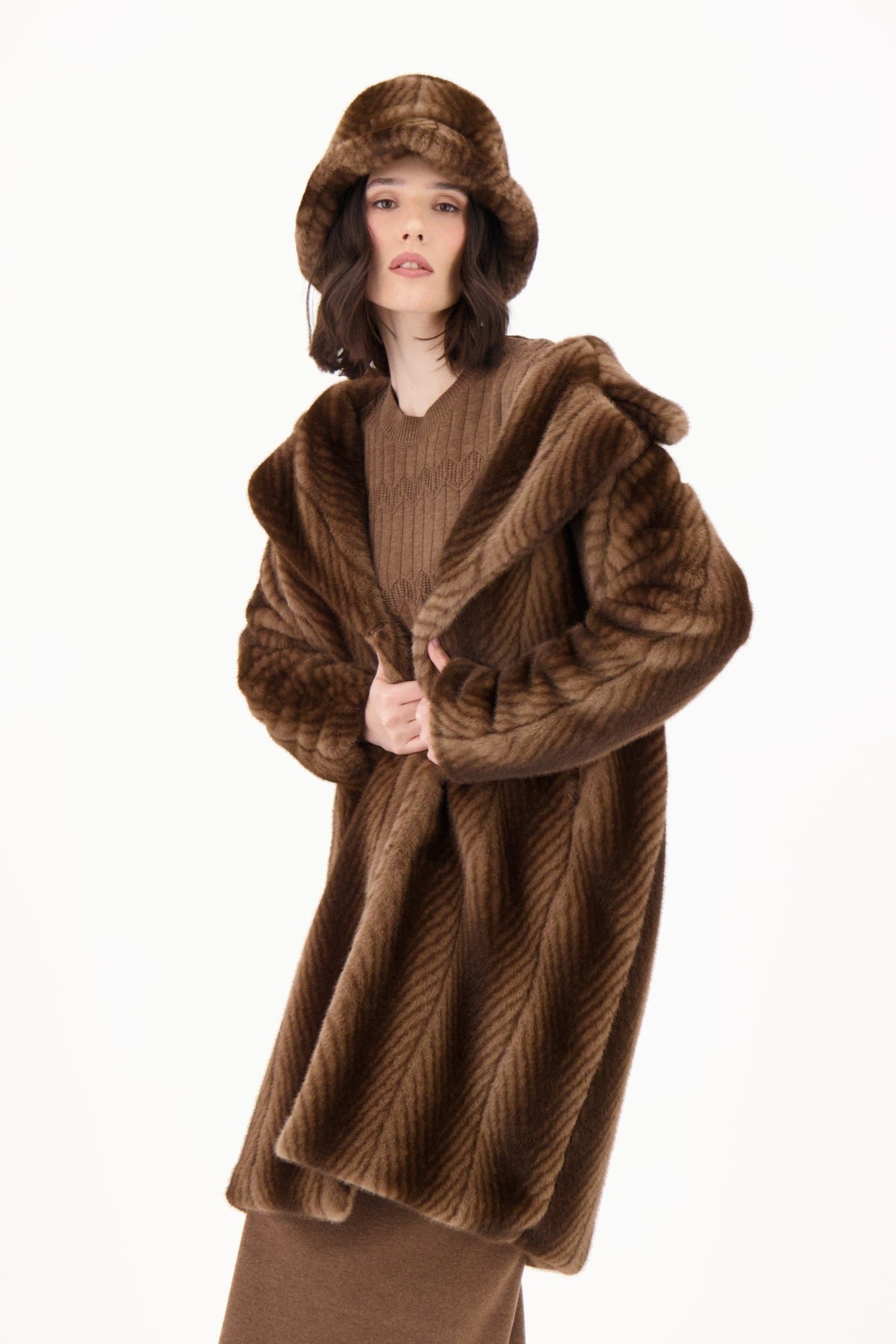 Herringbone Faux Fur Long Coat
