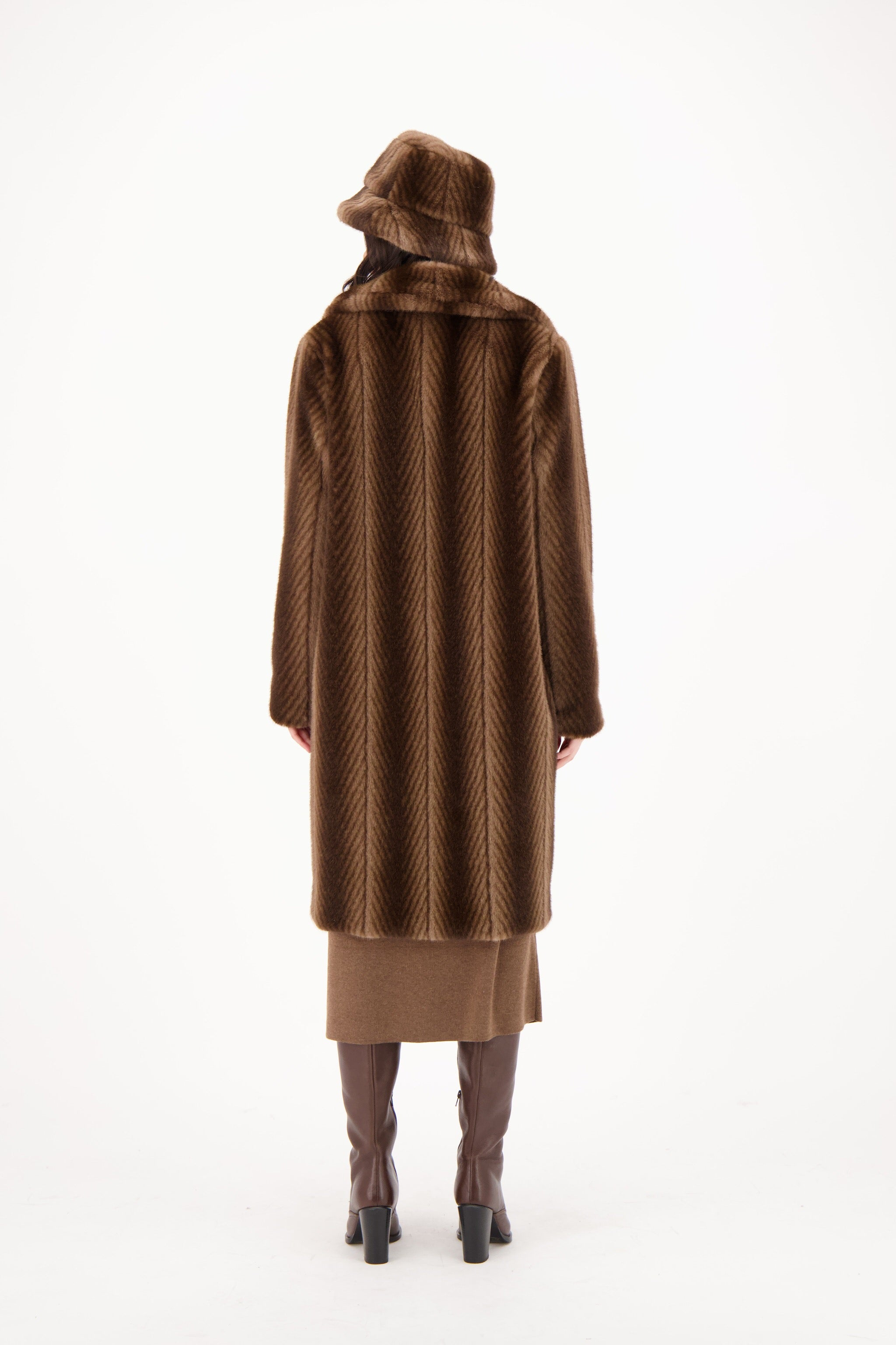 Herringbone Faux Fur Long Coat