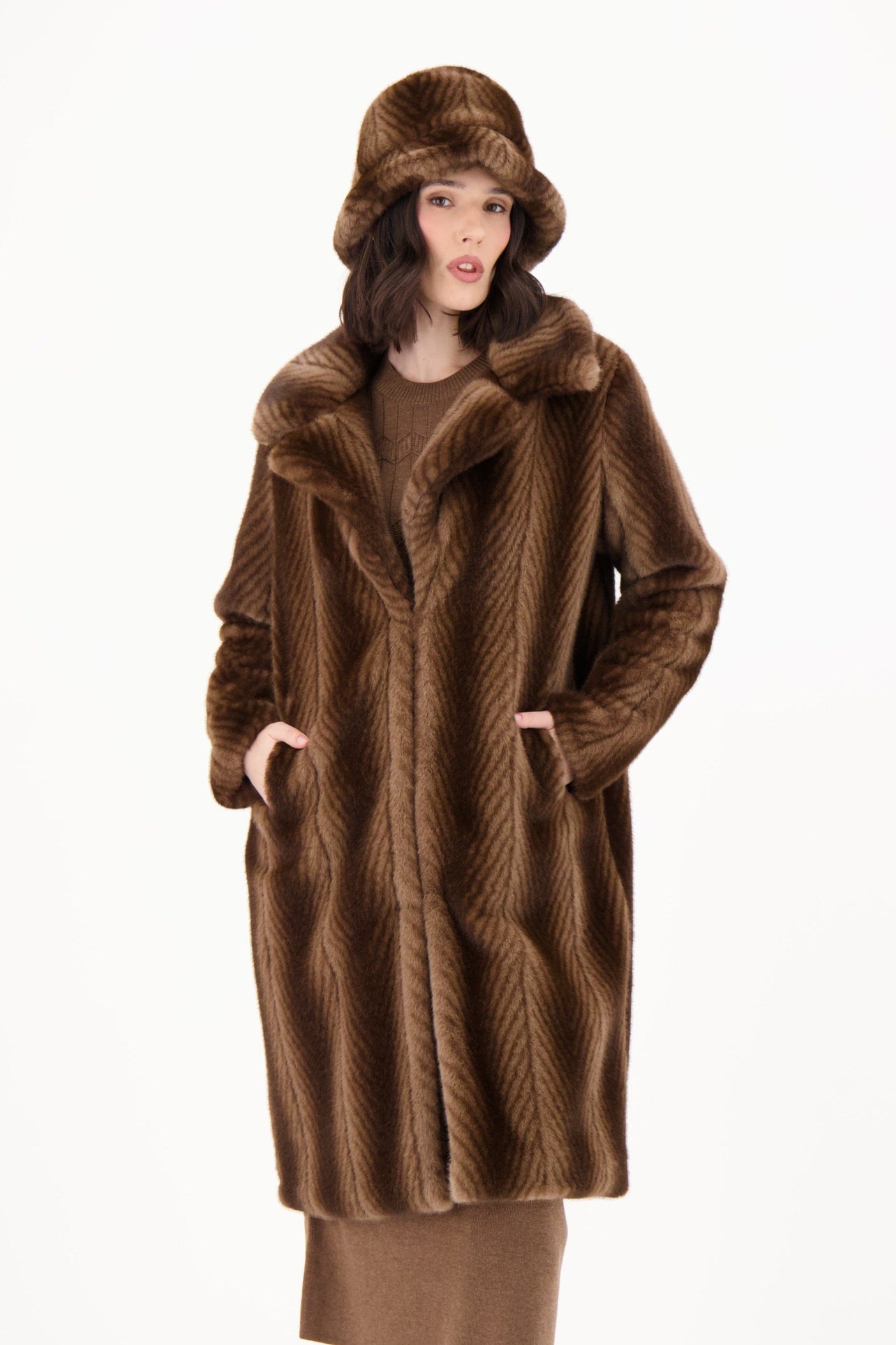 Herringbone Faux Fur Long Coat
