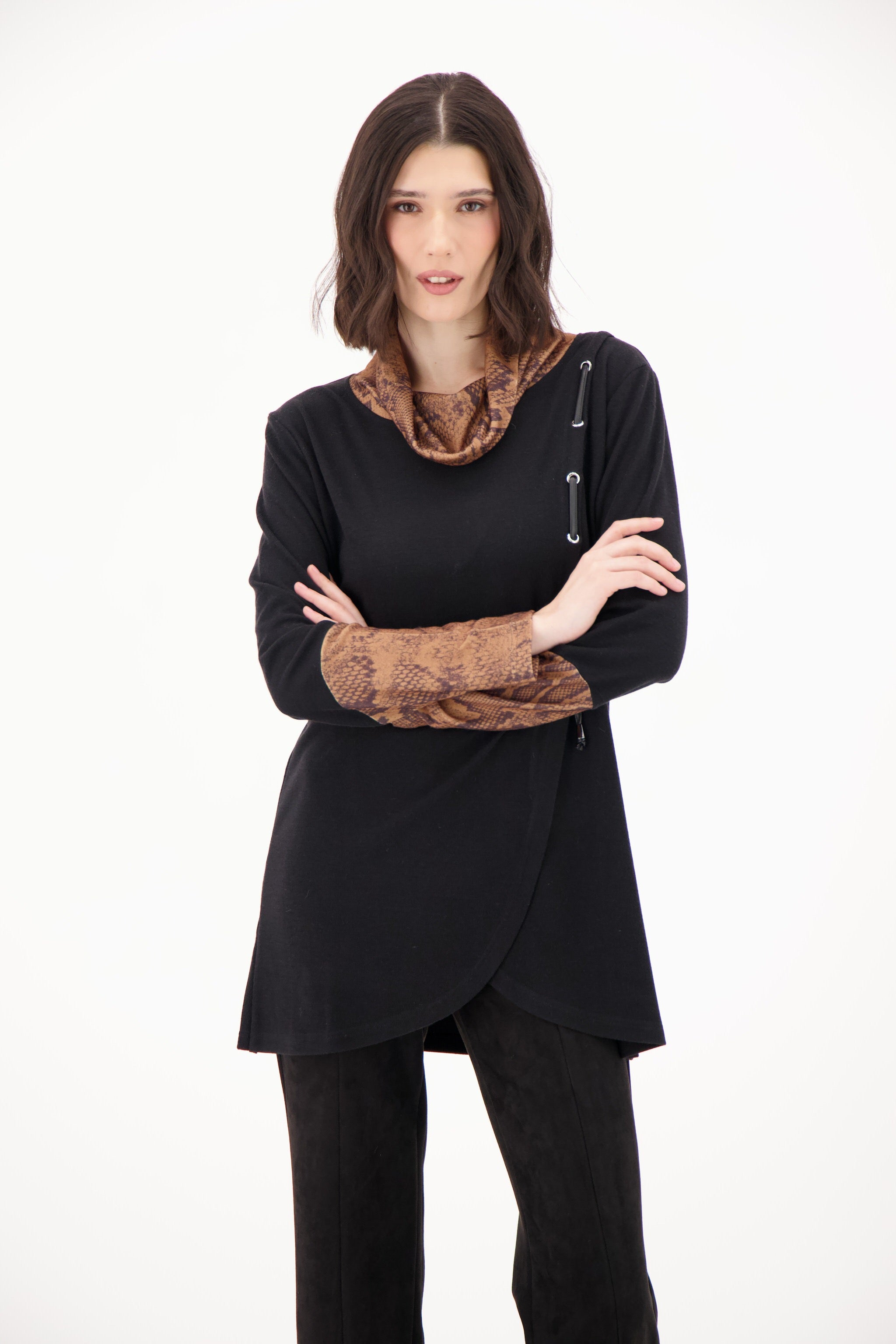 Snake Print Cowl Neck/Sleeve Sweater Knit Tunic