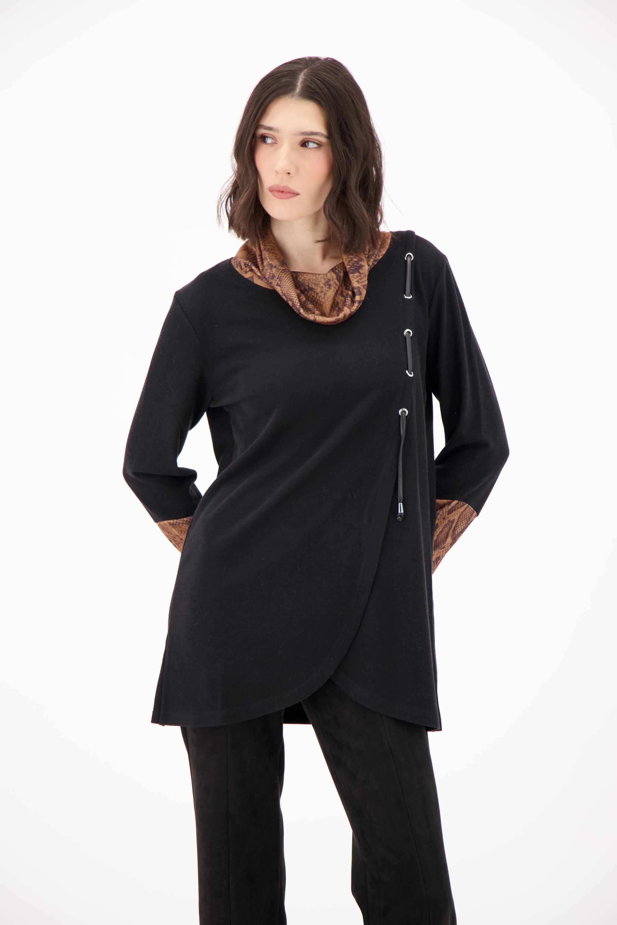 Snake Print Cowl Neck/Sleeve Sweater Knit Tunic