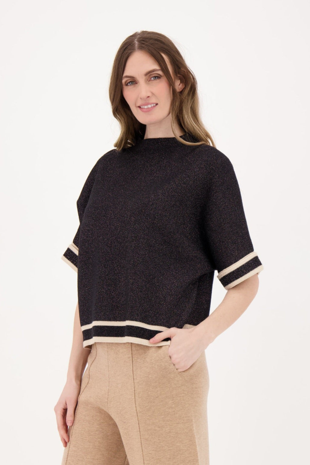 Stripe Cuff Lurex Sweater Knit Top