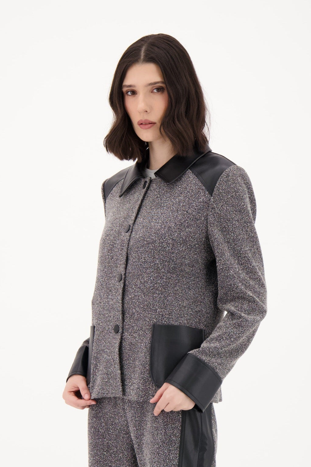 Speckled Blazer With PU Trim