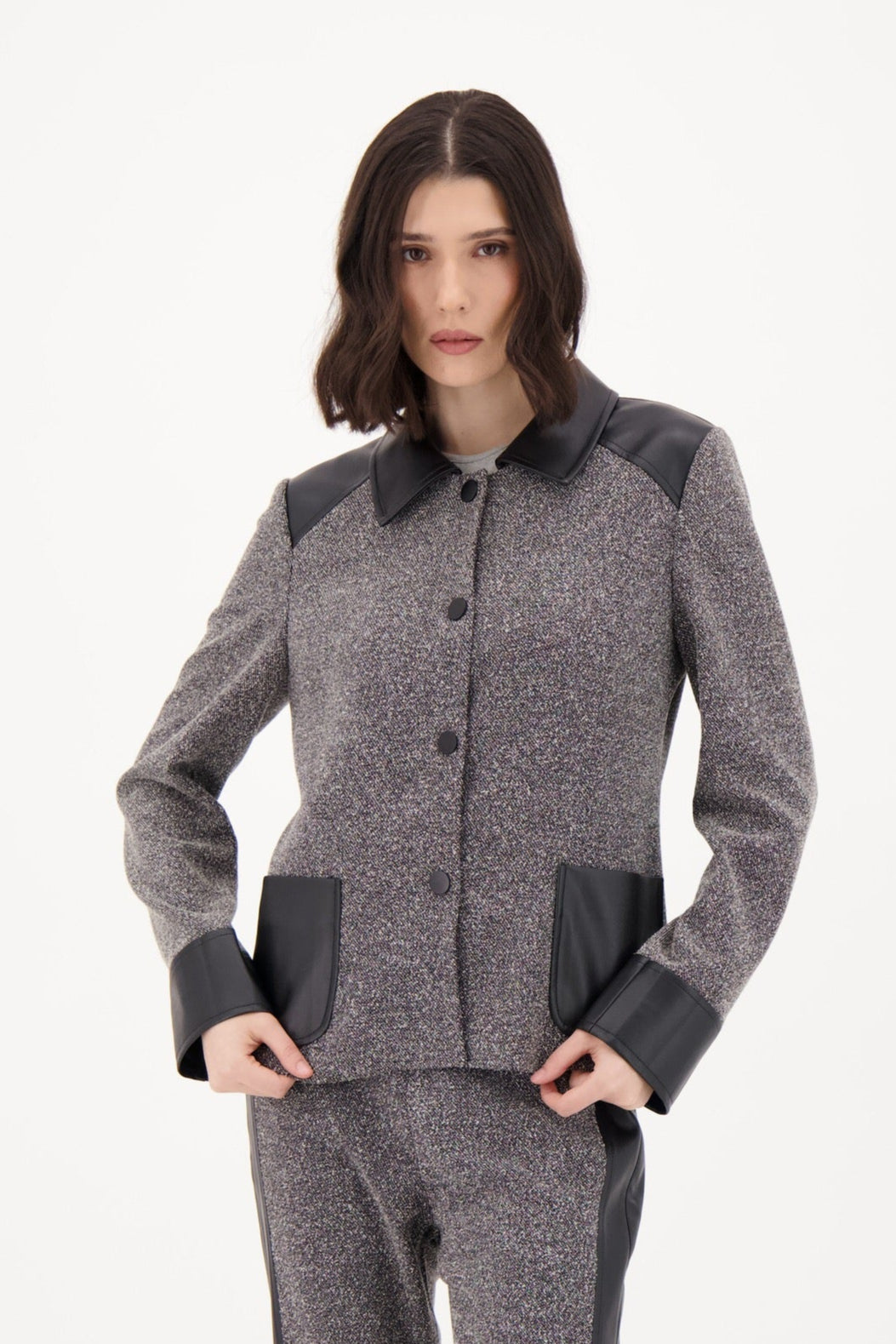 Speckled Blazer With PU Trim