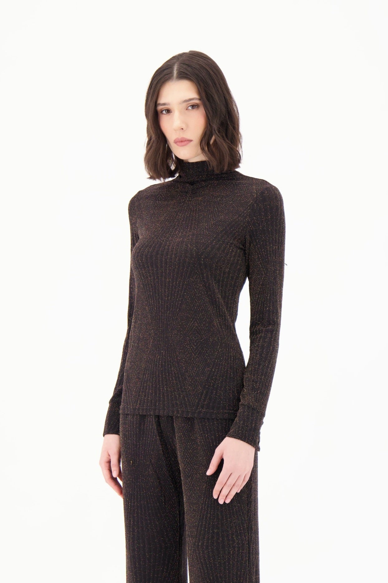 Woman wearing a brown ribbed turtleneck sweater and pants on a white background