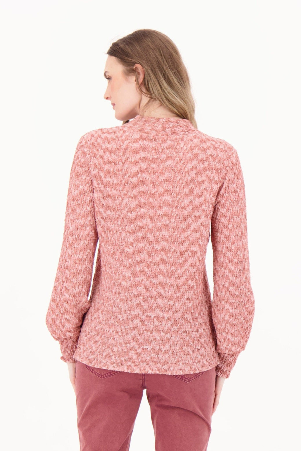 Marled Funnel Neck Smocked Cuff Knit Top