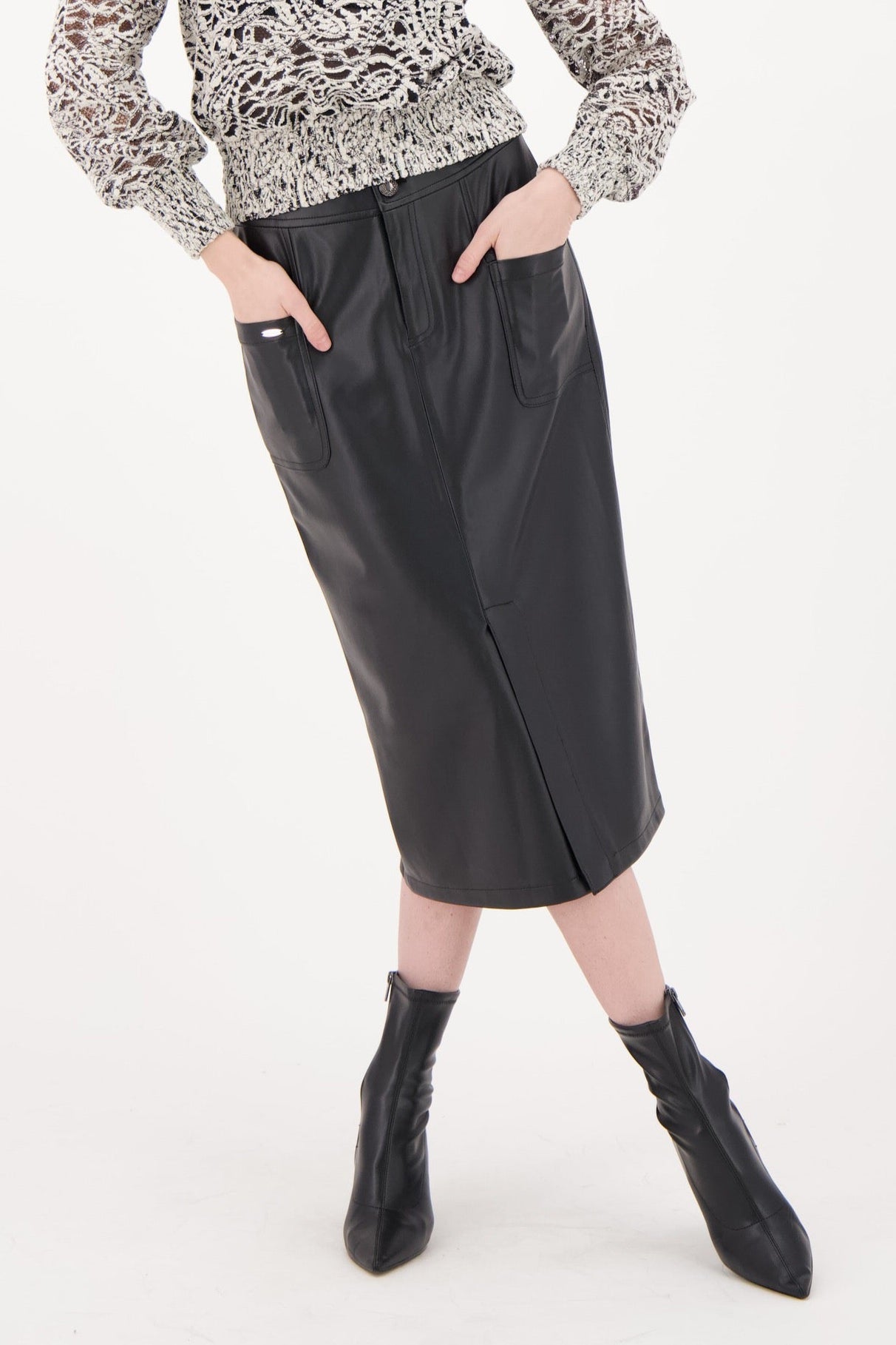 PU Front Slit Pencil Skirt
