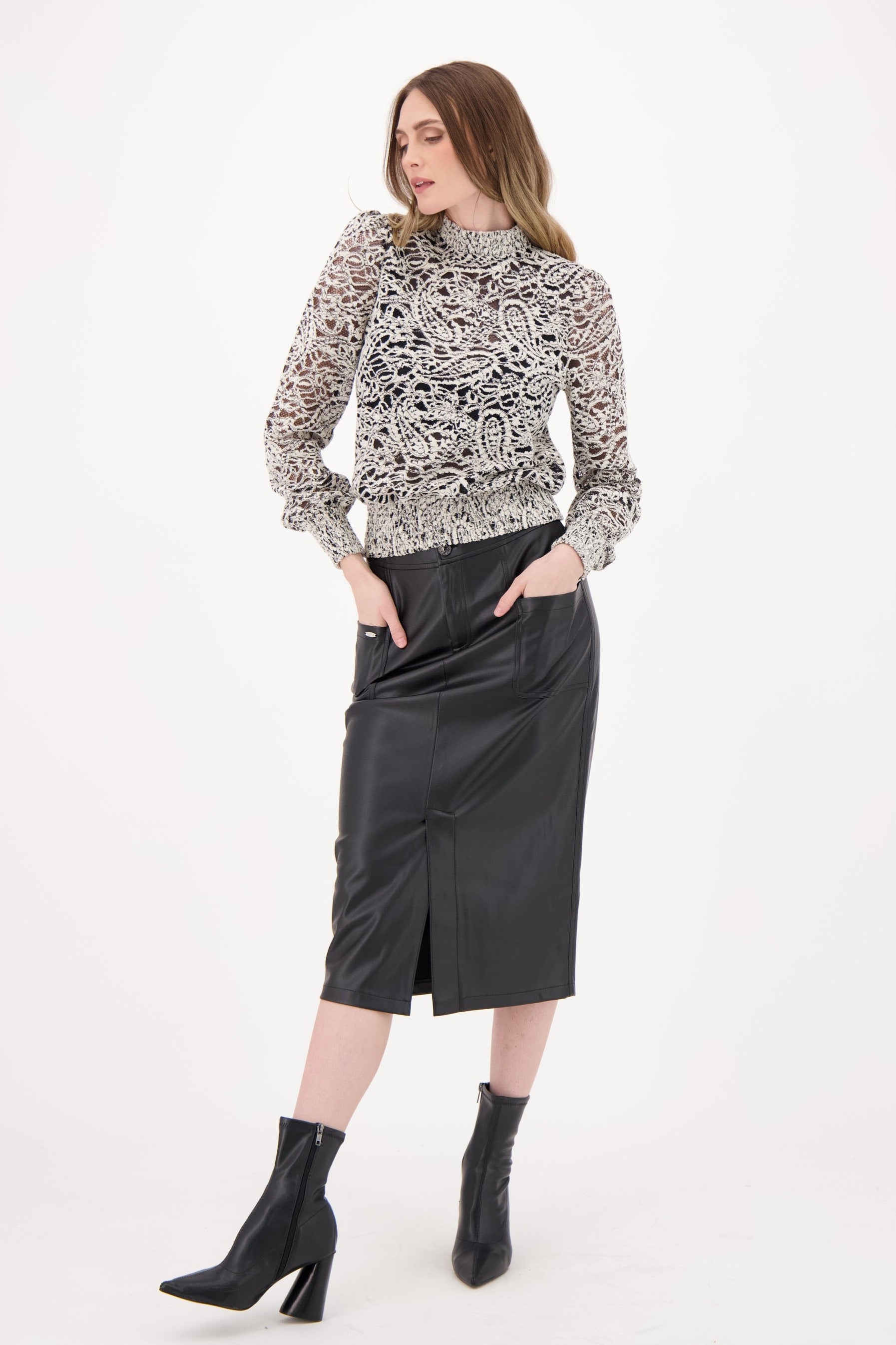 PU Front Slit Pencil Skirt