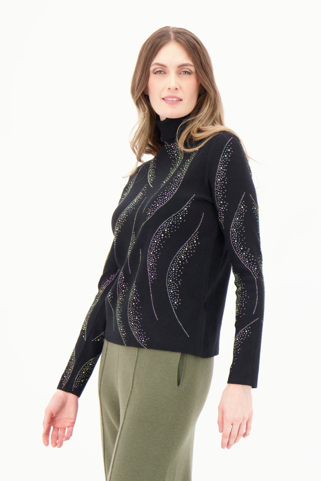 Turtleneck Rhinestone Swirl Knit Sweater