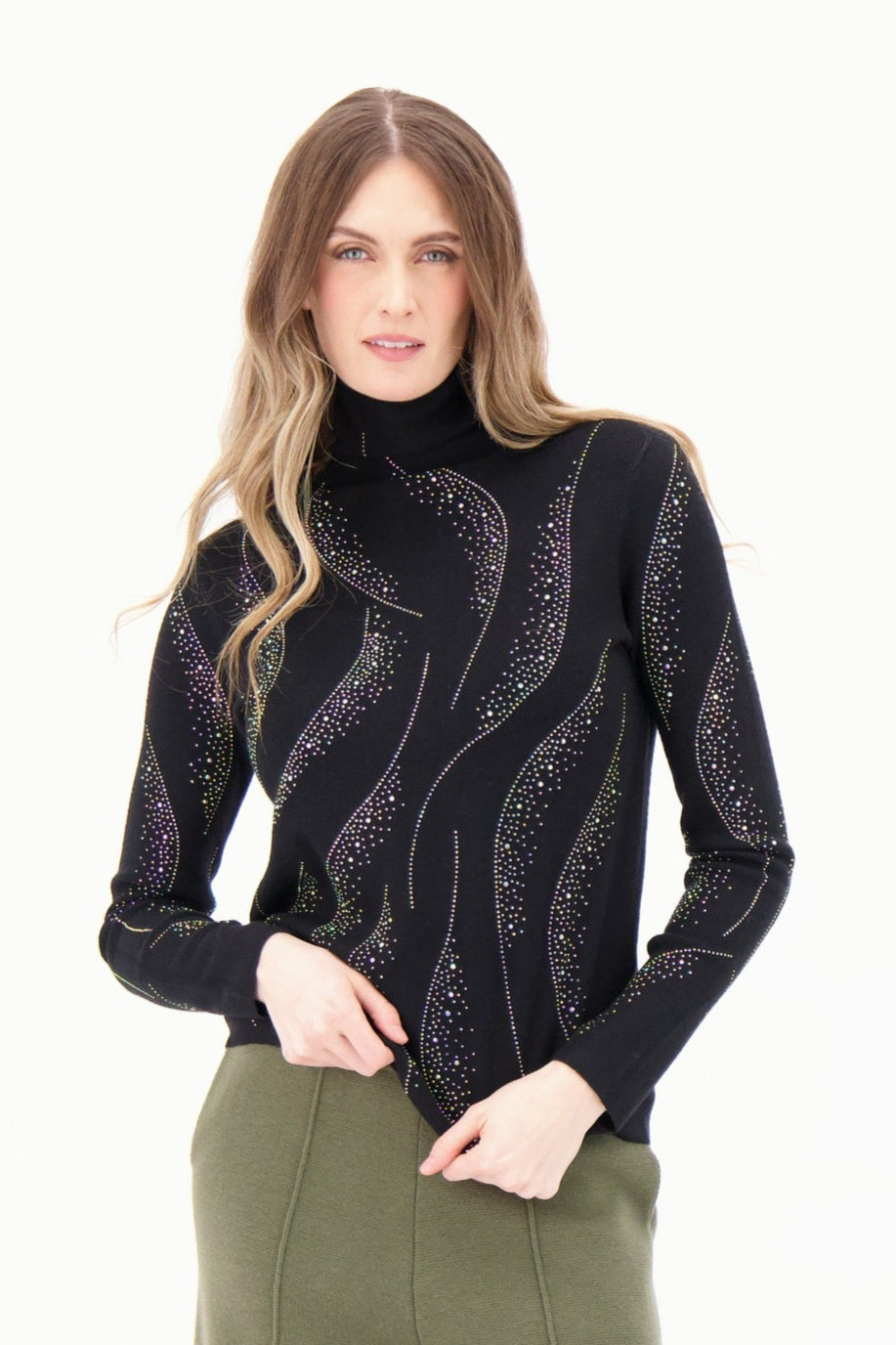 Turtleneck Rhinestone Swirl Knit Sweater