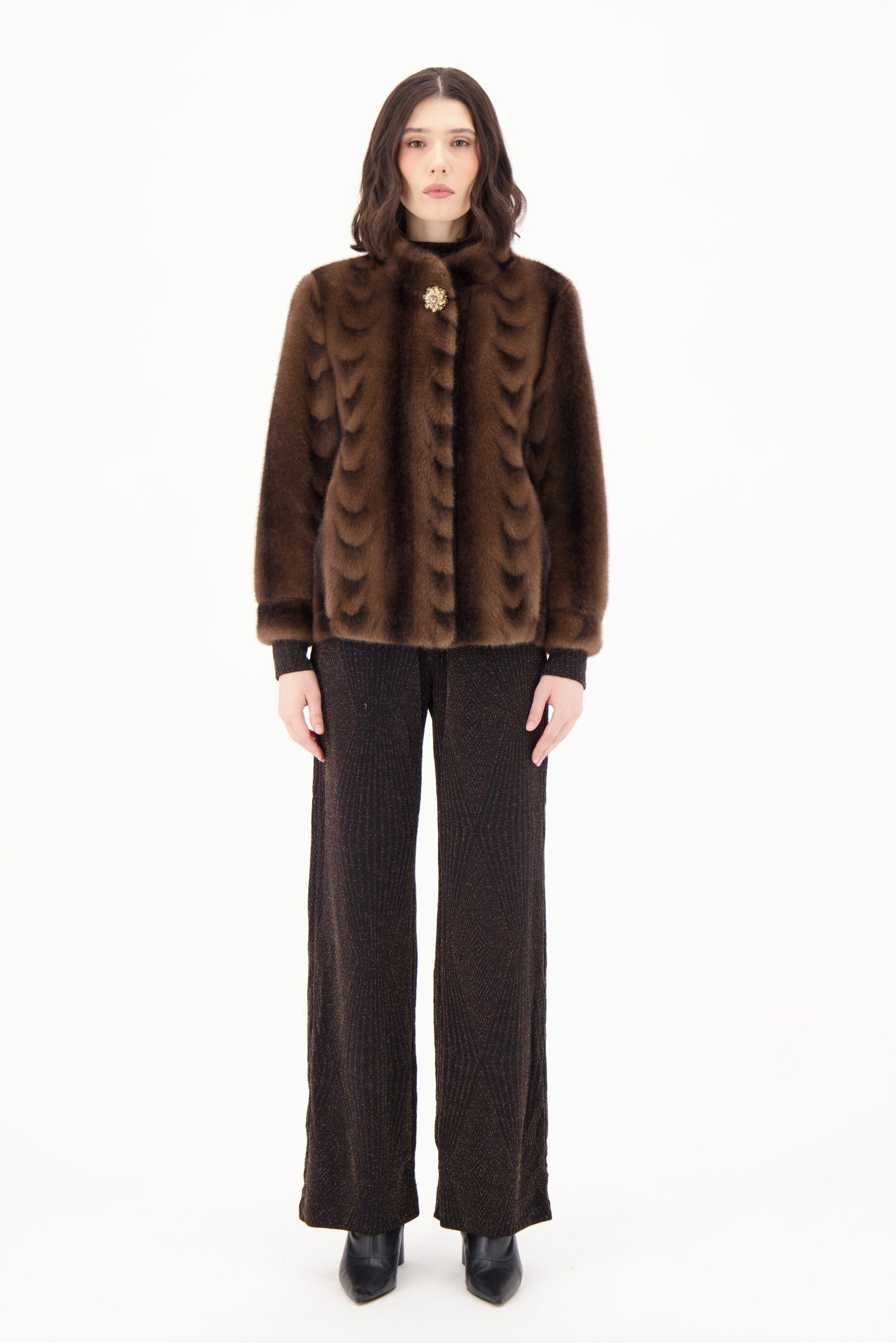 Scallop Faux Fur Mock Neck Vintage Short Jacket
