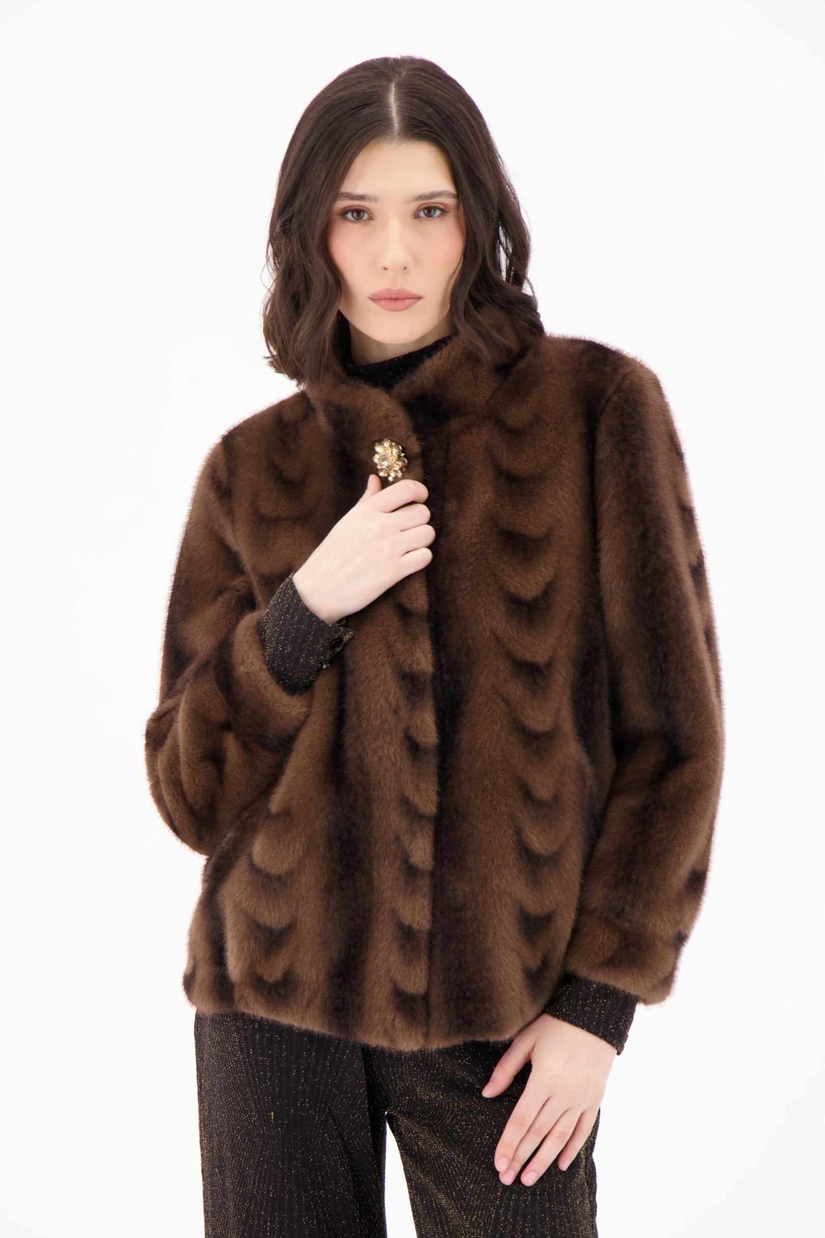 Scallop Faux Fur Mock Neck Vintage Short Jacket