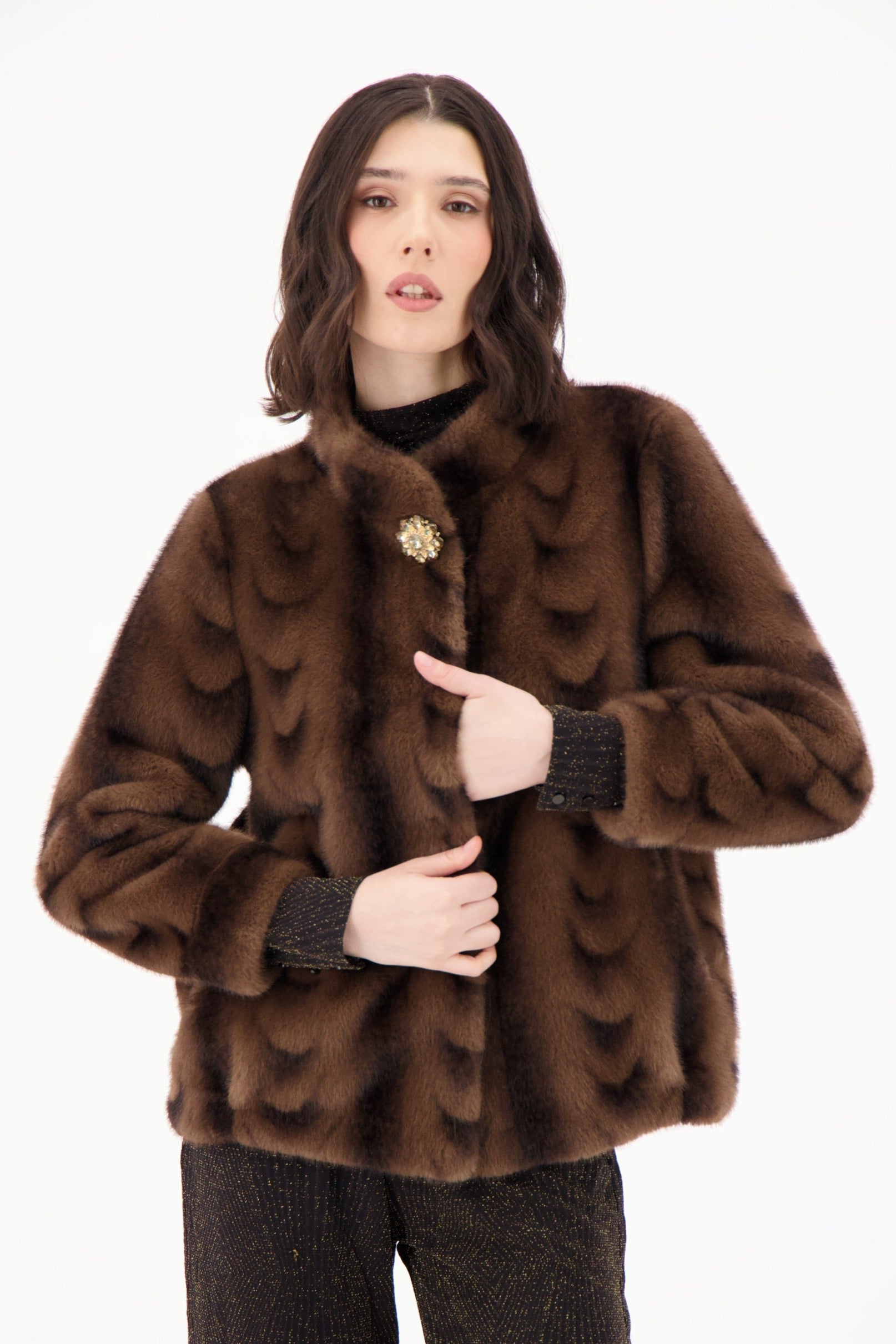 Scallop Faux Fur Mock Neck Vintage Short Jacket