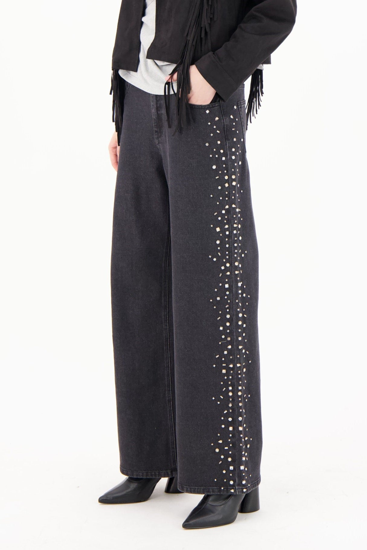 Side Seam Rhinestone Wide Leg Denim Pant