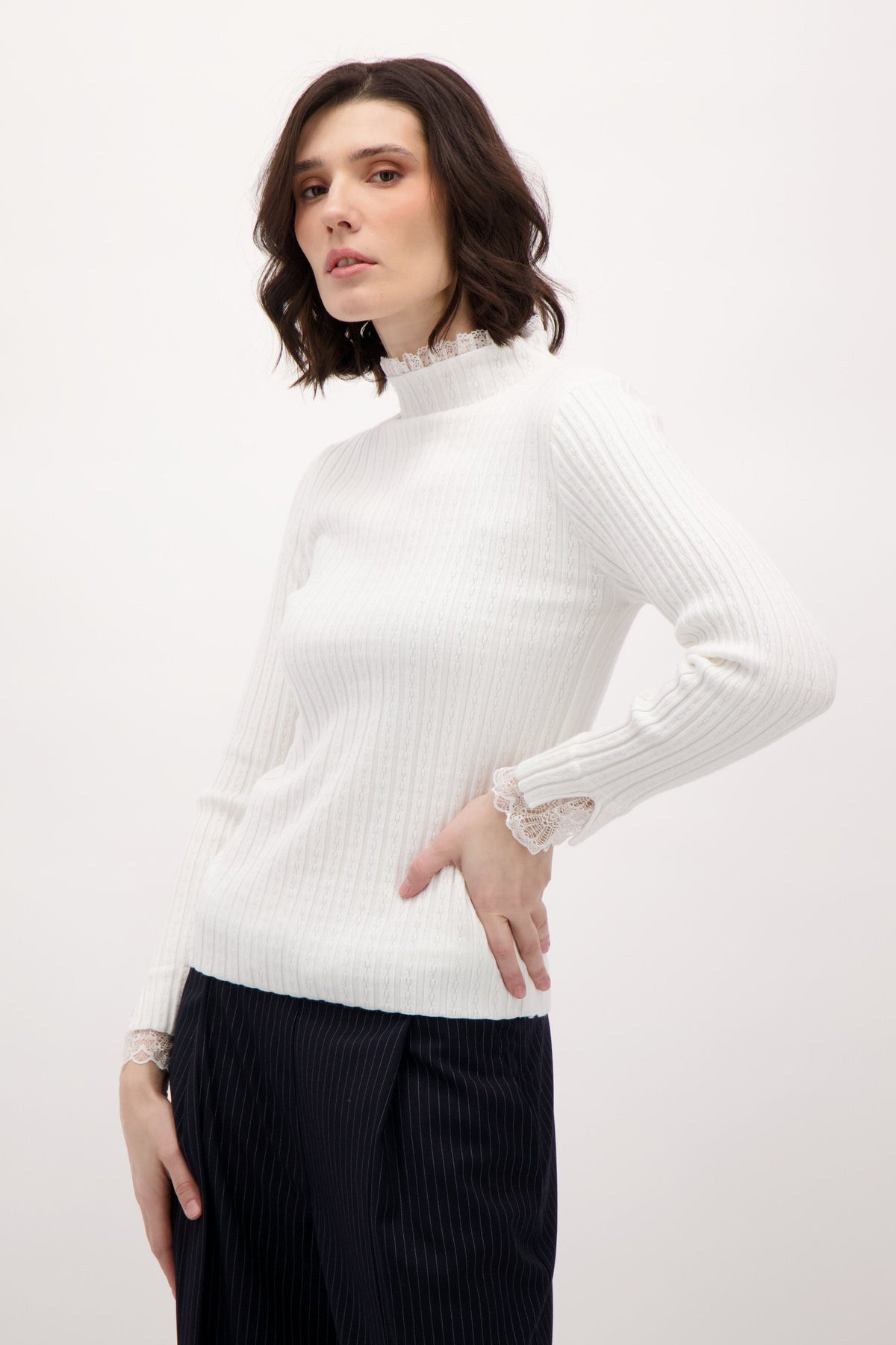 Lace Trimmed Rib Knit Sweater